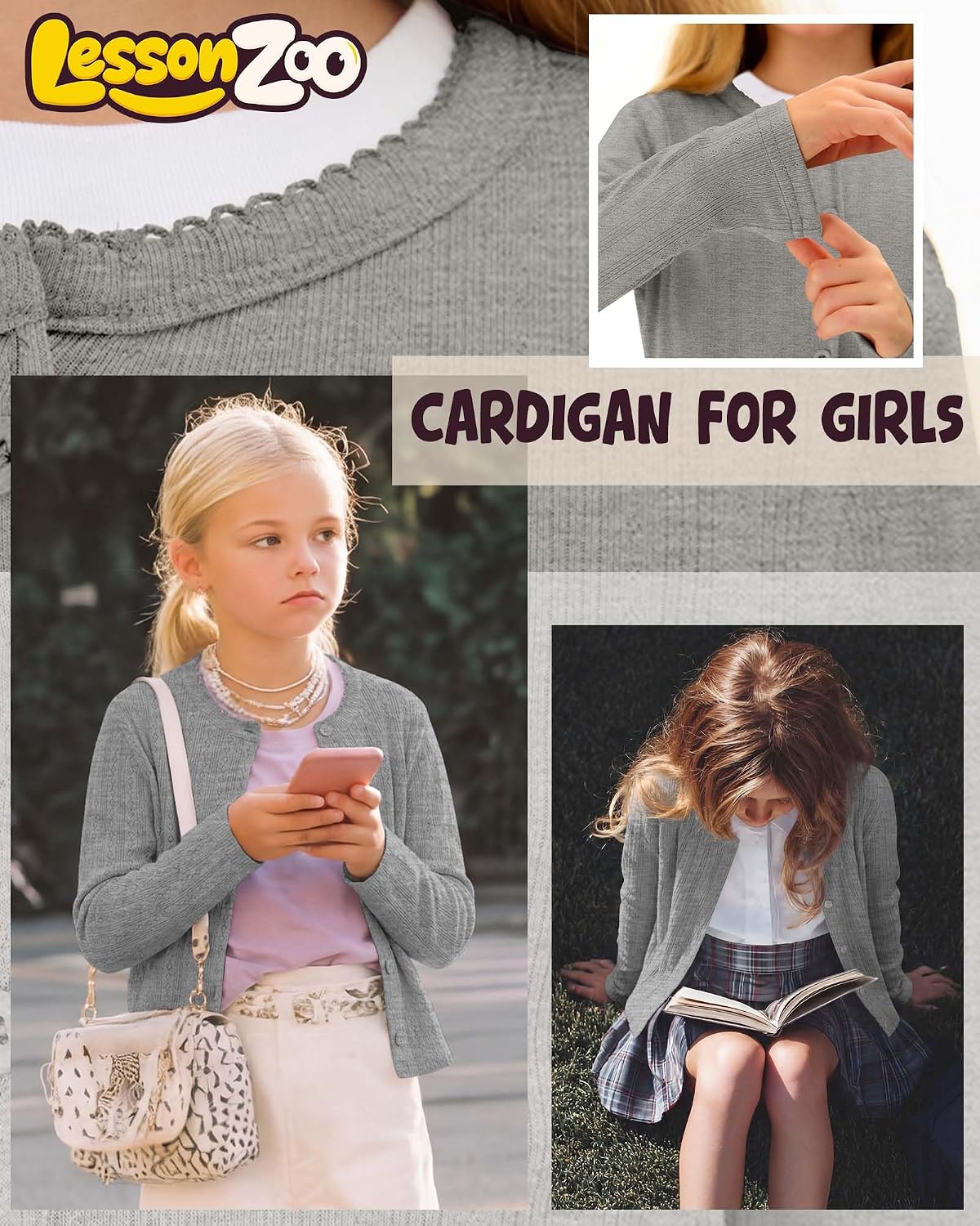 Girls' Long Sleeve Cardigans Lightweight Crewneck Sweater Classic Button-up School Uniform Cute Solid Knit Jacket