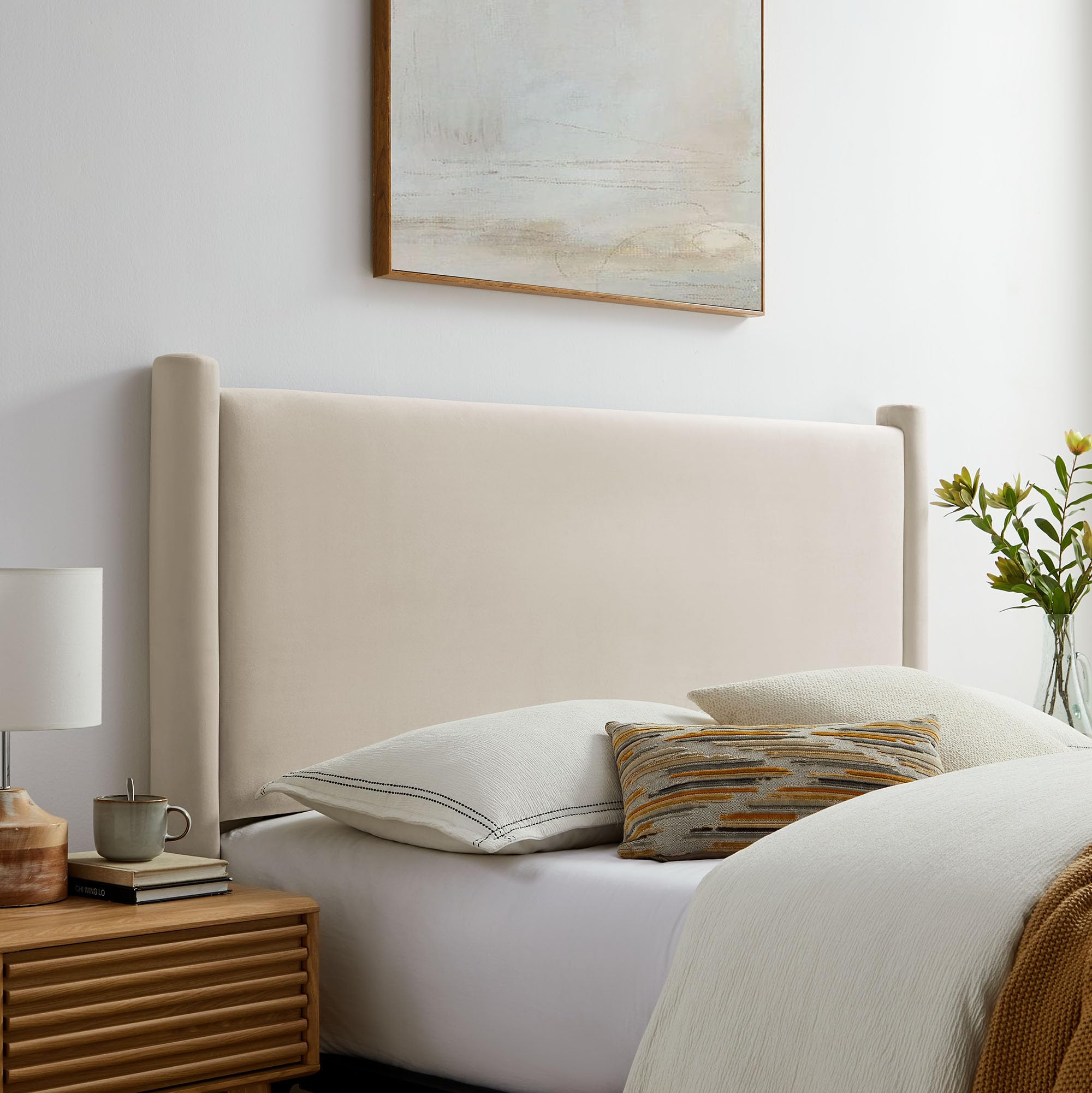 Modway Rael King Upholstered Headboard with Pillars in Alabaster – Velvet Headboard – Stain-Resistant Performance Velvet Headboard for King Size Beds