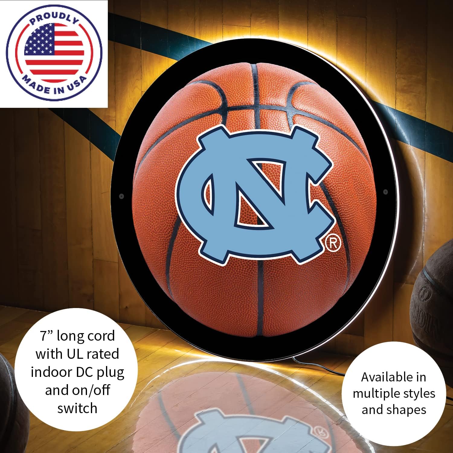 Team Sports America Evergreen Ultra-Thin Edgelight LED Wall Decor, Basketball, UNC- 15 x 15 Inches Made In USA