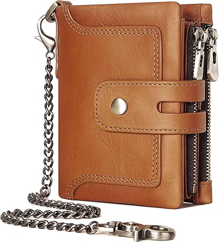 Cartera con cadena, monedero de cuero genuino con bloqueo RFID, doble cremallera, bolsillo para monedas con cadena antirrobo, carteras de cadena a