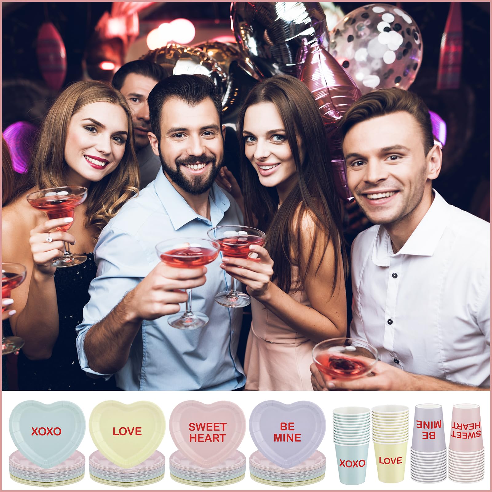 Maxcheck 196-teiliges Valentinstagsparty-Geschirr-Set für 48 Personen, inklusive Valentinstag-Gesprächs-Herz, 17,8 cm, Pappteller, 266 ml, Becher, 12,7 cm, rosa Servietten für Valentinstag, Jahrestag,