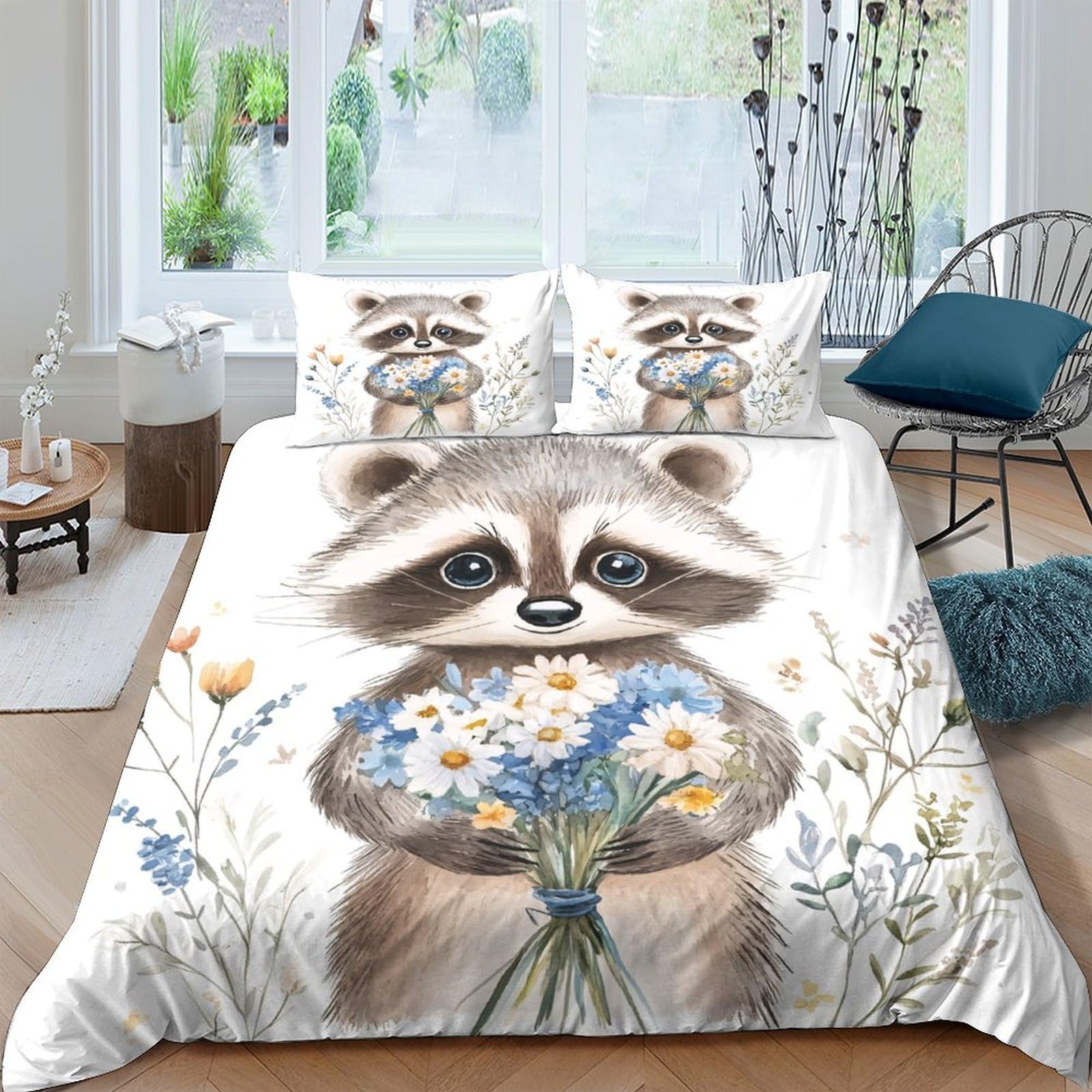 Ctjqhvkz Style-10 3D Printed Raccoon Bouquet Fitted Sheet Microfiber Soft Breathable Forest Animal Bed Cover For Bedroom Guest Room Decor Single（135X200cm）