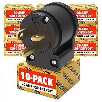 Journeyman-Pro 20 Amp 120-125 Volt, NEMA 5-20P, 2Pole 3Wire, Straight Blade, 90 Degree Right Angle Male Plug Replacement Cord Connector Outlet, Commercial Grade 520AN 5-20P - Black, 10
