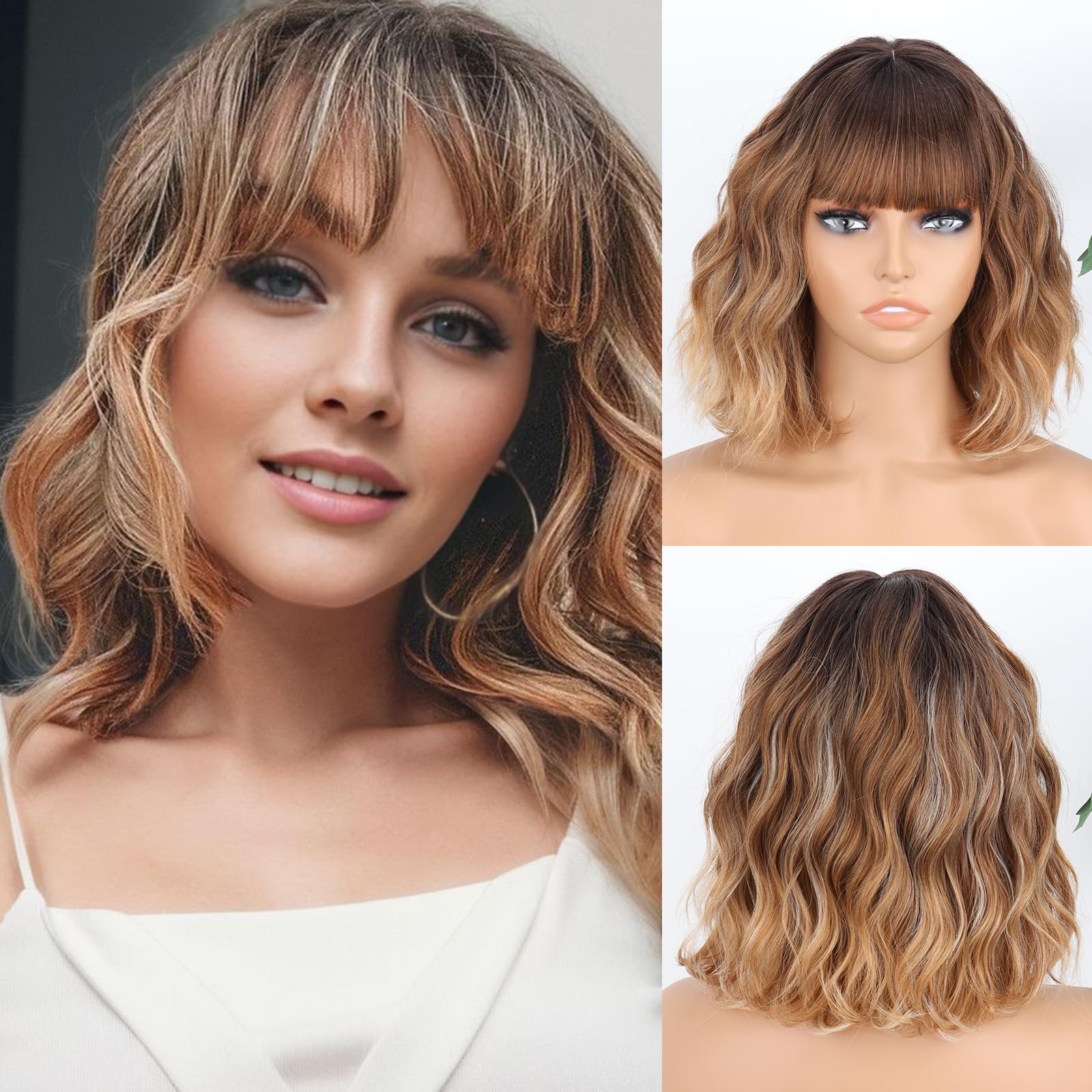 MISSQUEEN Brown Mixed Blonde Wavy Wig 12inch Bob Brown Blonde Wavy Wig with Bangs Natural Synthetic Wavy Curly Highlight Blond Wigs for Halloween