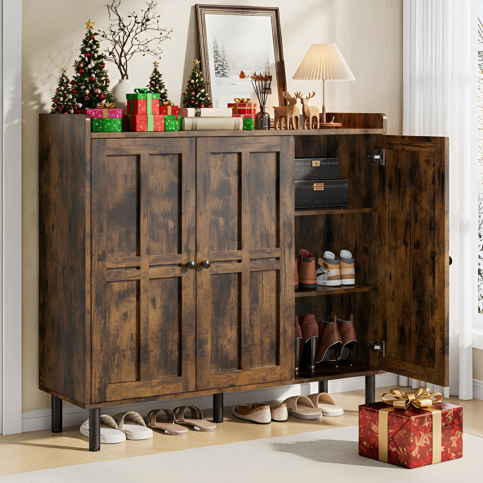 ONBRILL Shoe Cabinet with 3 Doors &amp; Adjustable Shelves (Rustic Brown)
