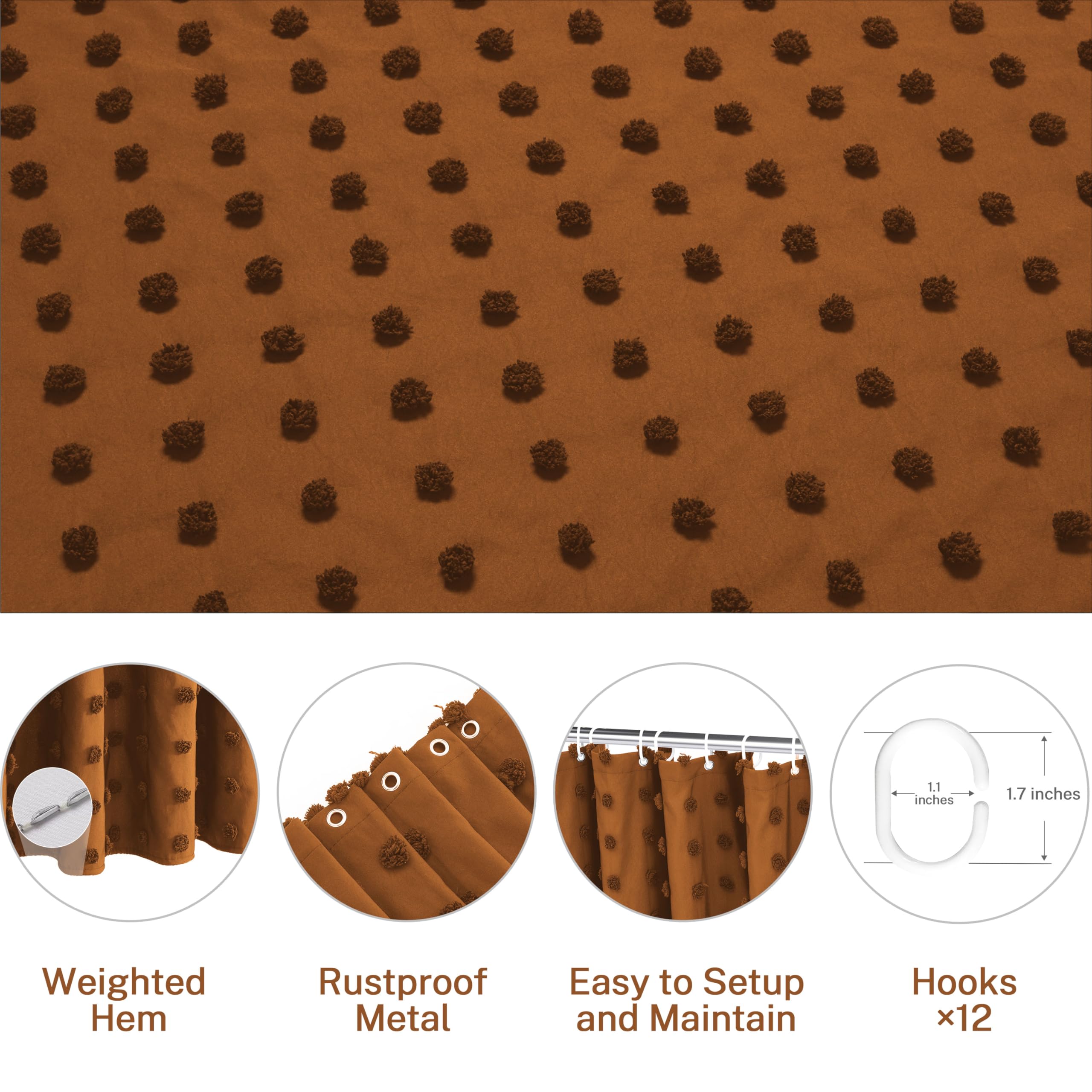 Boho Farmhouse Pumpkin Orange Shower Curtain Woven Fabric Shower Curtain, 72 x 72 Tufted Pleat Floral Puffs Textured Modern Farmhouse Minimalist Shower Curtain Set with Hooks for Bathroom