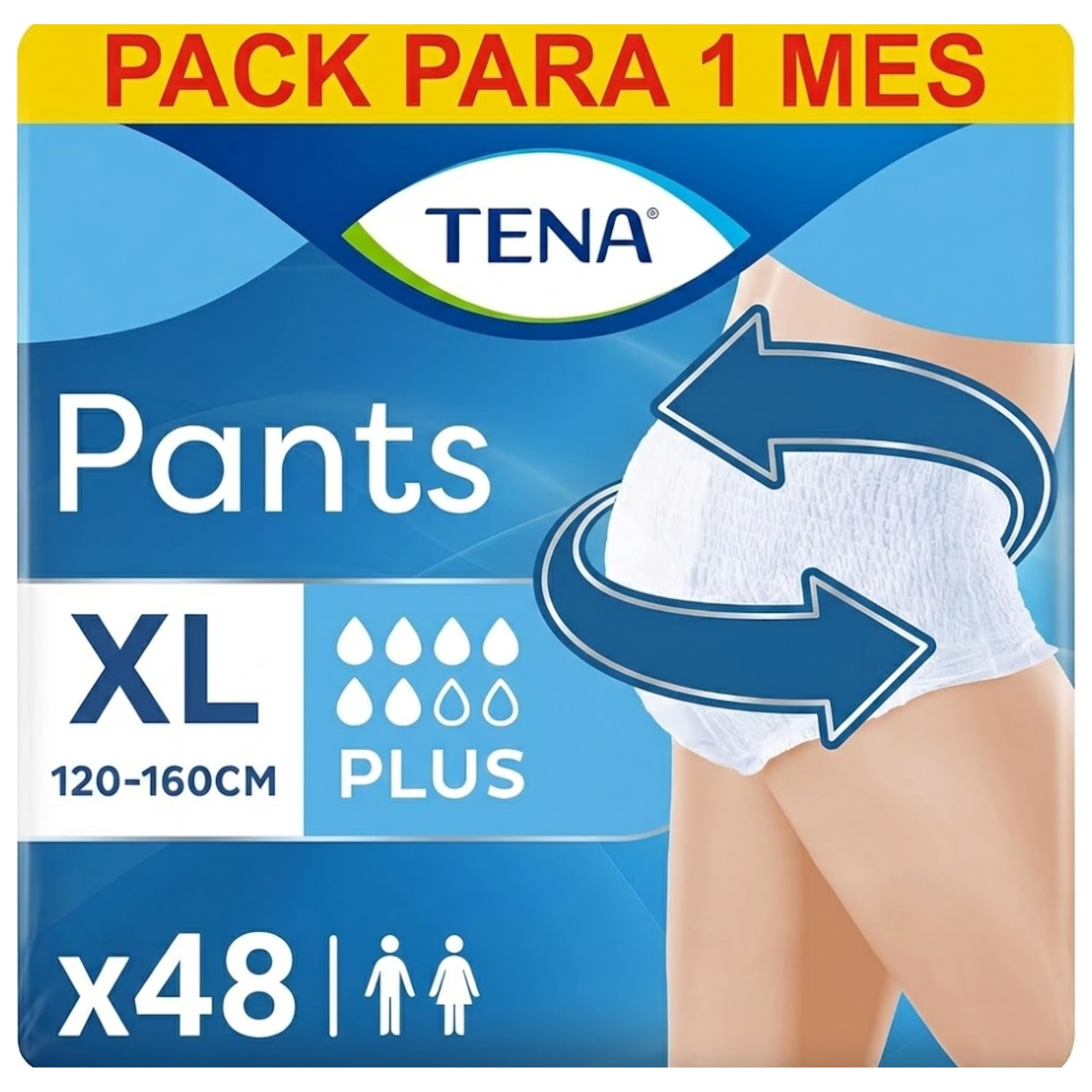 TENA Pants Plus XL – Pack Mensual de 48 Unidades (4 x 12) – Ropa Interior Absorbente para Incontinencia Moderada a Fuerte – Talla Extra Grande (120-160 cm) y Control de Olor