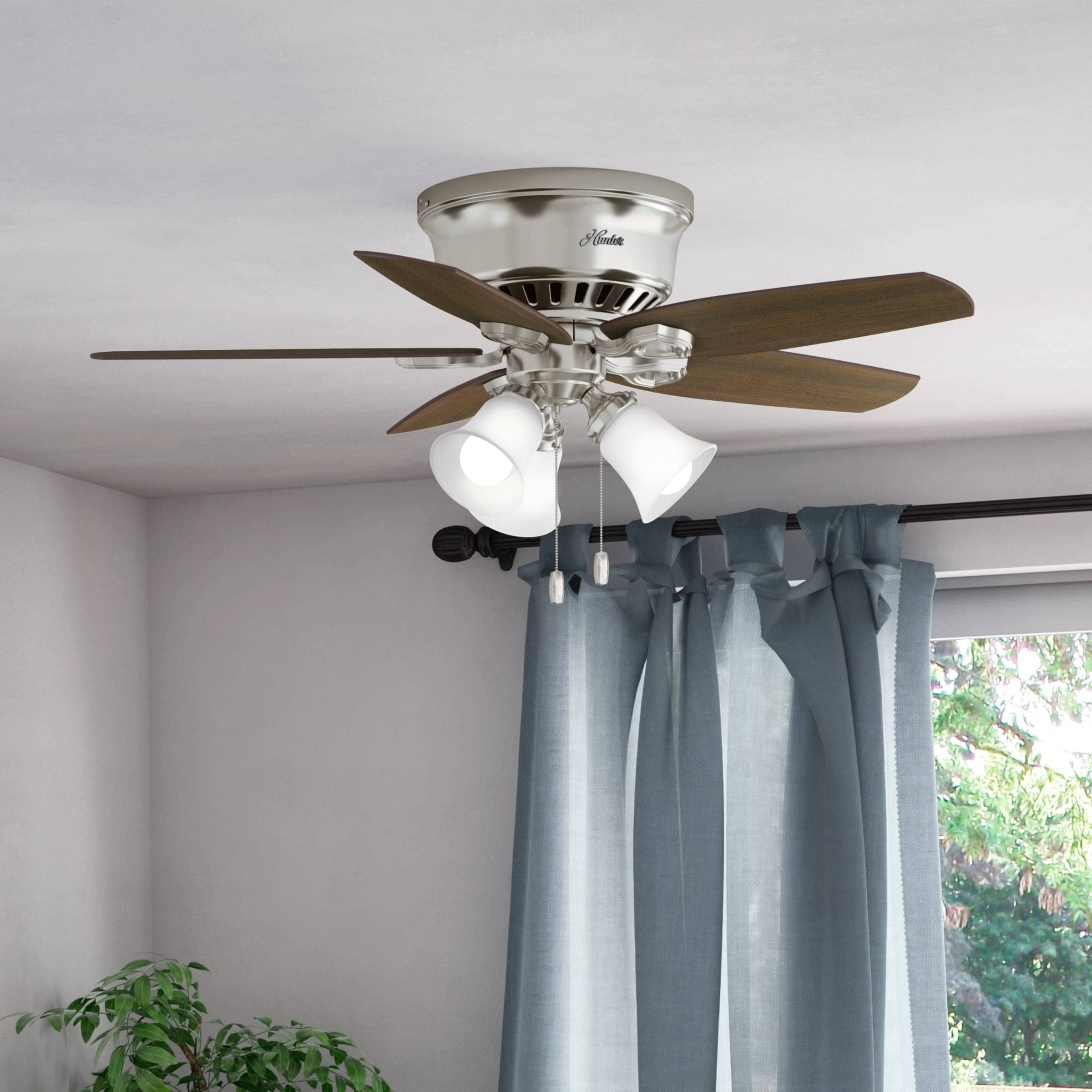 Hunter Builder Indoor Low Profile Ceiling Fan with LED Light and Pull Chain Control, 42", Brushed Nickel