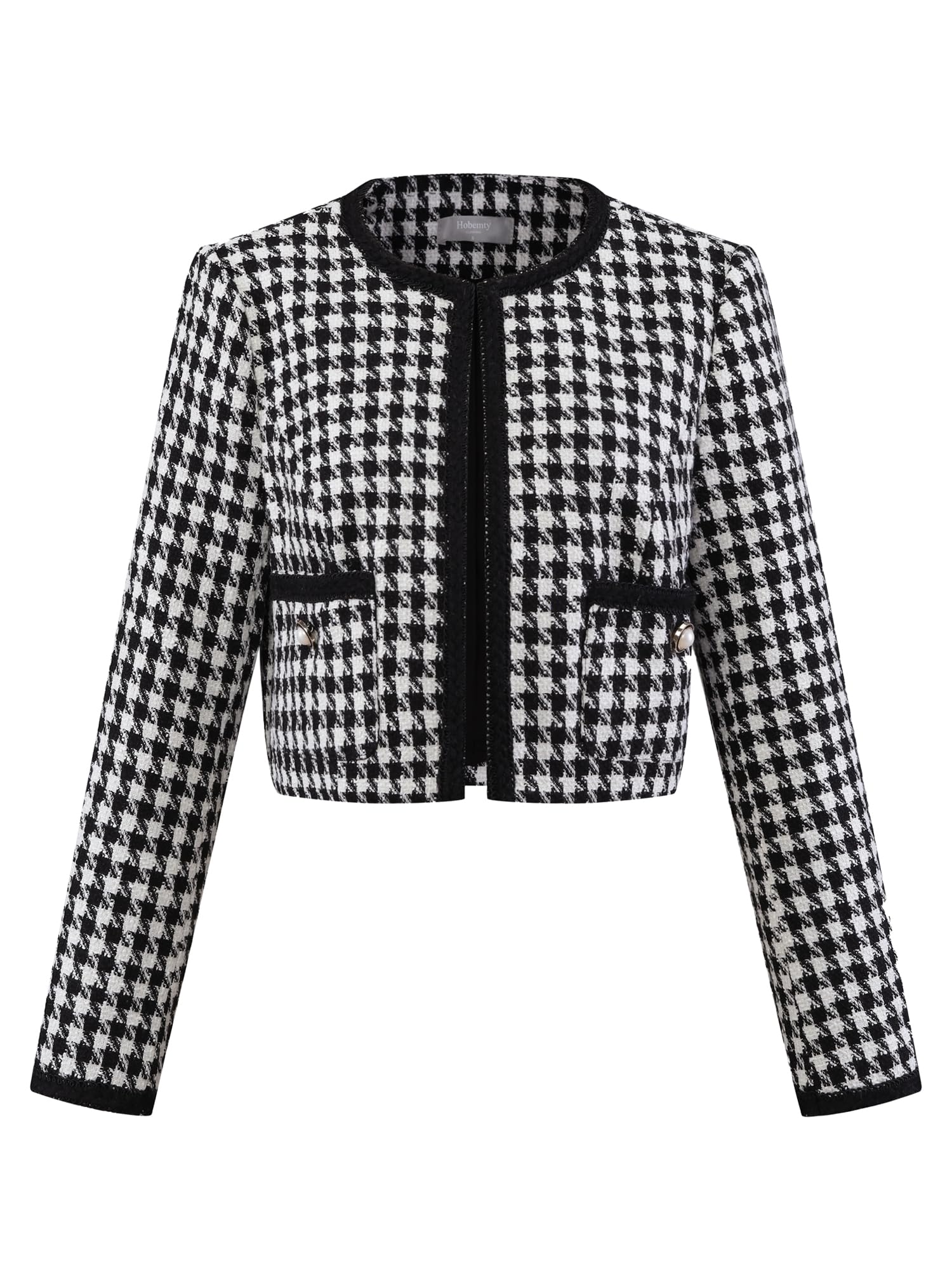 Womens Houndstooth Blazer Collarless Plaid Cropped Tweed Jacket