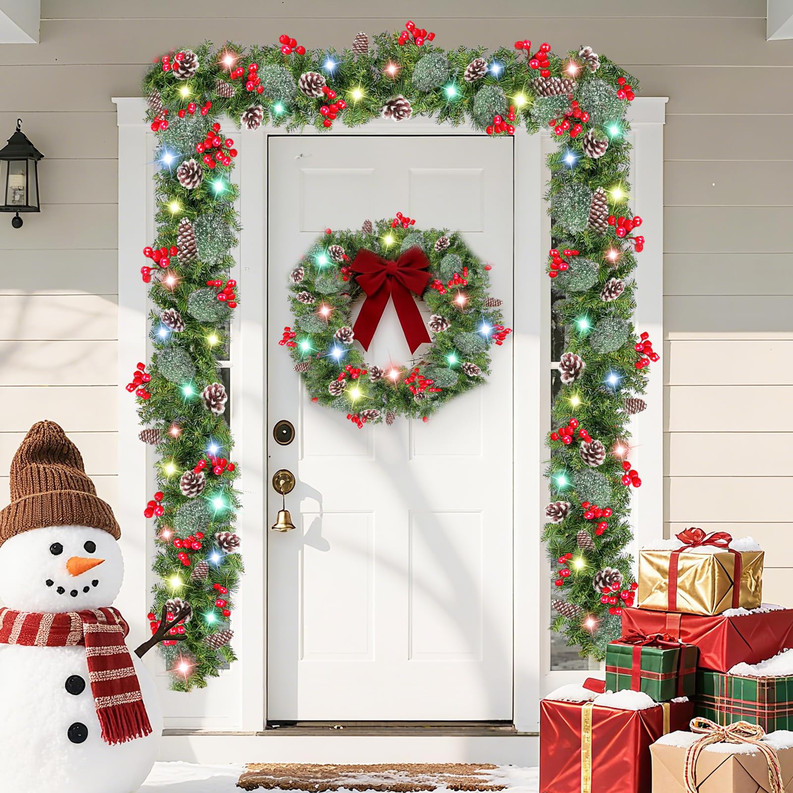 TURNMEON Guirnalda artificial de Navidad preiluminada, 100 luces, 8 modos, cerda nevada de bayas, piña, funciona con pilas, Navidad, Navidad, decoración de manto, chimenea, hogar, interior, exterior,