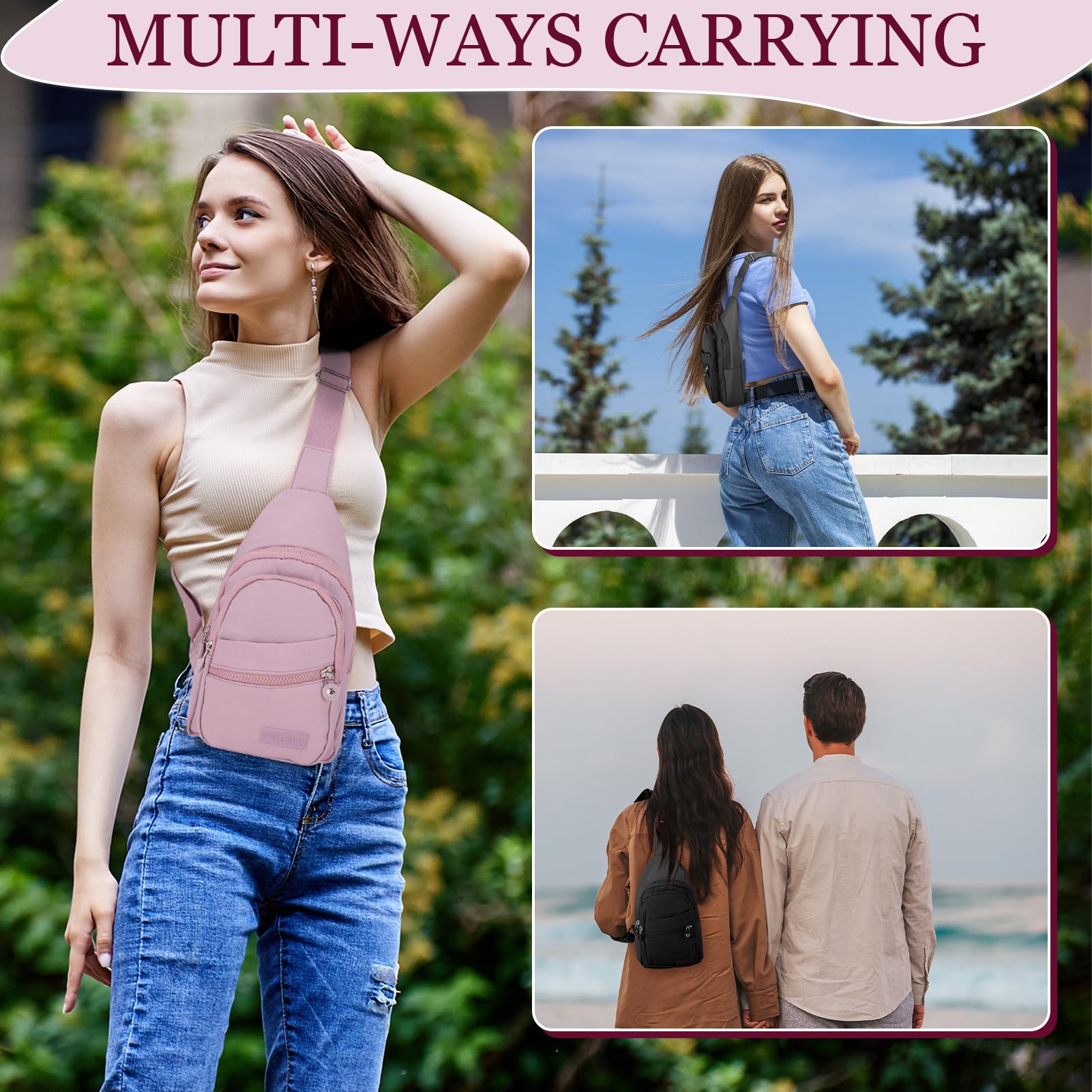 2PCS Sling Chest Bags for Women Men Waterproof Nylon Crossbody Bag Anti-Theft Shoulder Bag Multi-use Backpack Lightweight Storage Chest Bag for Travel Hiking Cycling Outdoor Sports- Pink+Black - Image 4
