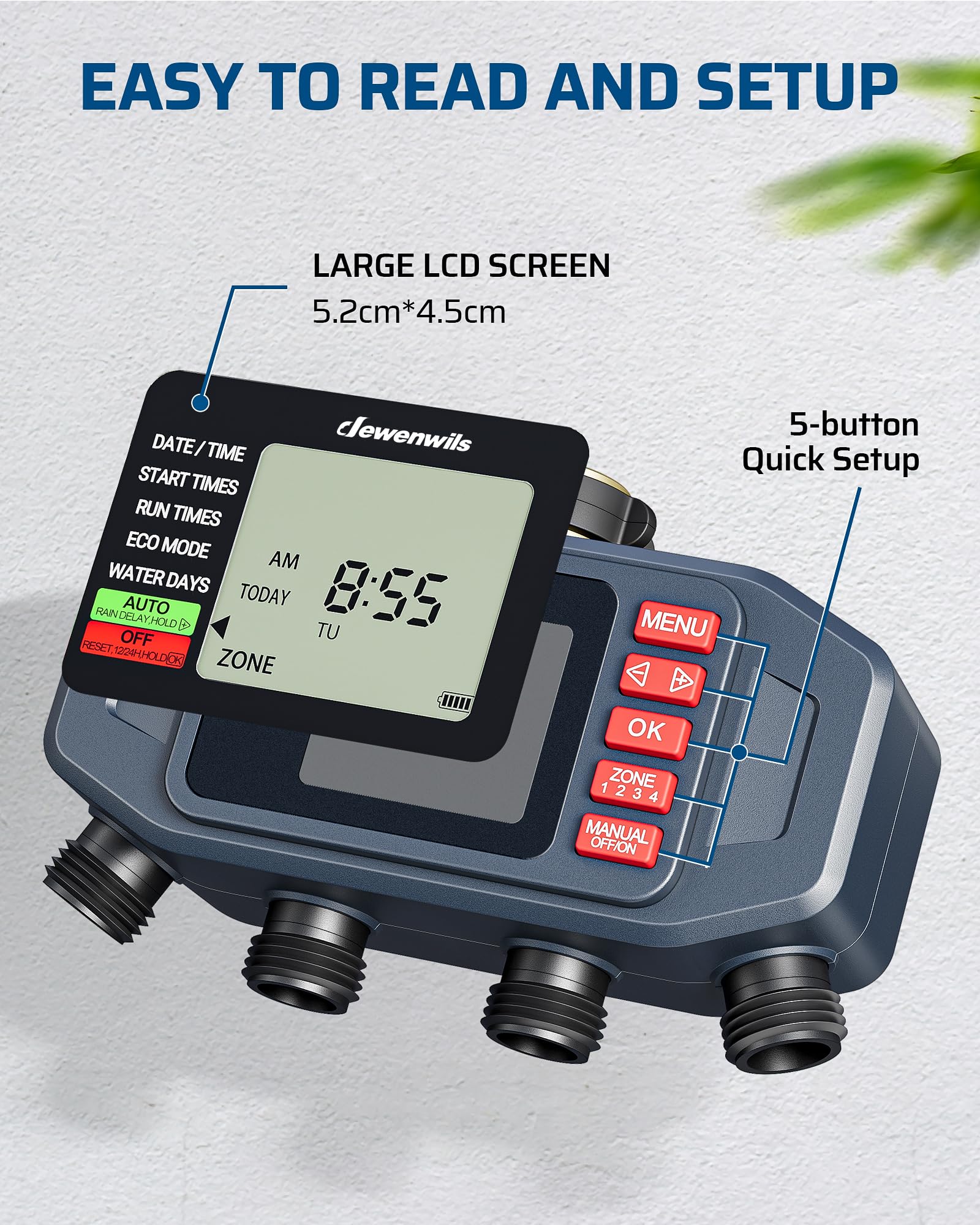 DEWENWlLS - Timer irrigatore a 4 zone, per rubinetto esterno, ritardo pioggia e manuale, timer programmabile per tubo dell'acqua, per vacanze, giardino, prato, orto, fiori in vaso