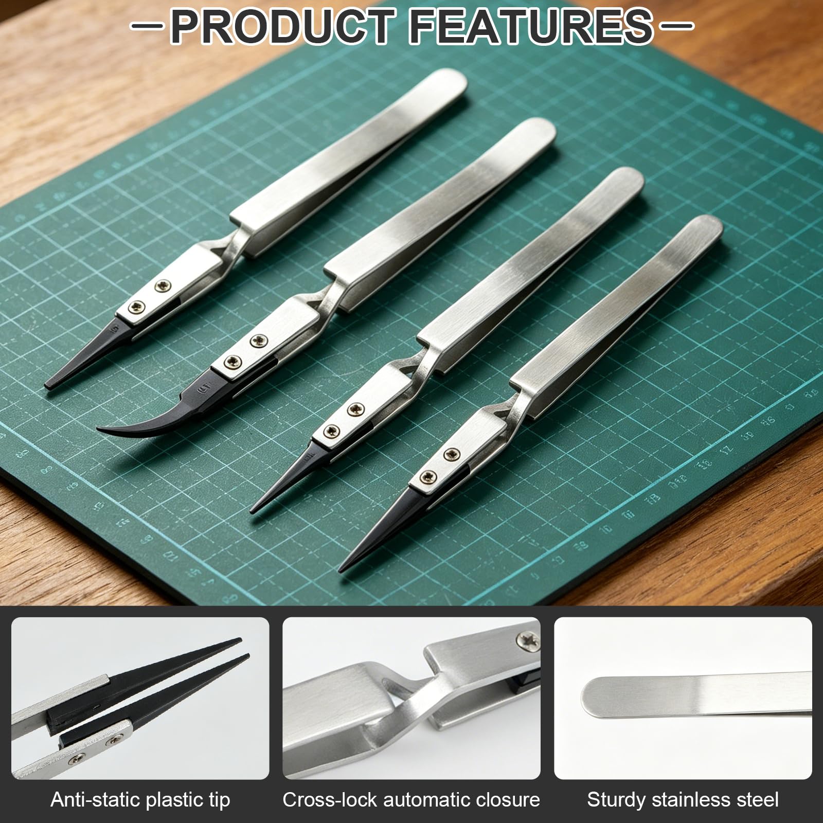 Edelstahl Präzisions 4 pezzi Pinzette di precisione per elettronica, Pinzette con Punta in Plastica in Acciaio Inox, per elettronica, gioielli, artigianato, laboratorio, hobby