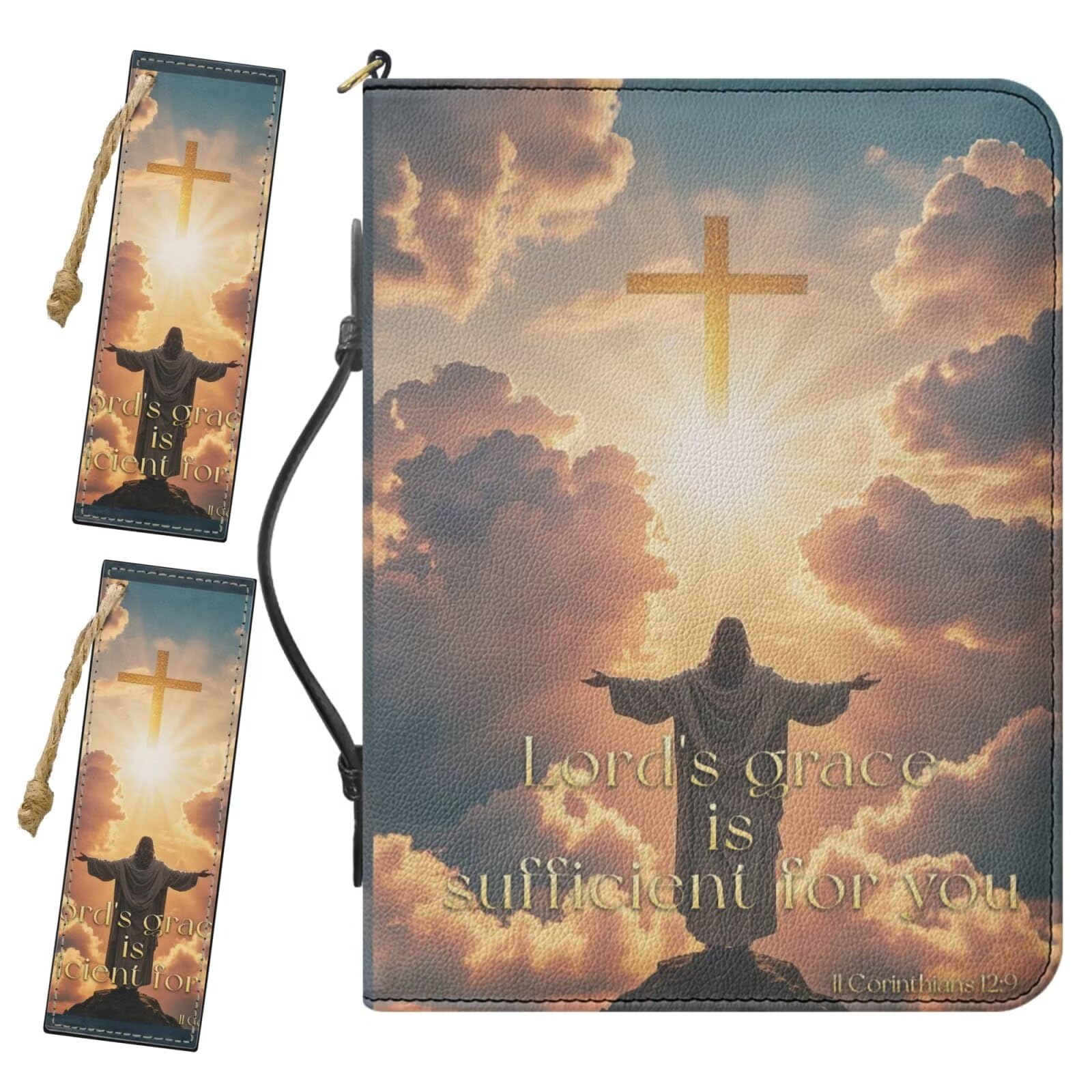 Drnuikhe Small PU Leather Bible Cover for Boys, Kids Bible Case Comes with 2 Bookmarks, II Corinthians 12:9 Crucifix Print Bible Protecto with Inner Pockets and Pen Loop, Bible Study Supplies, Gold
