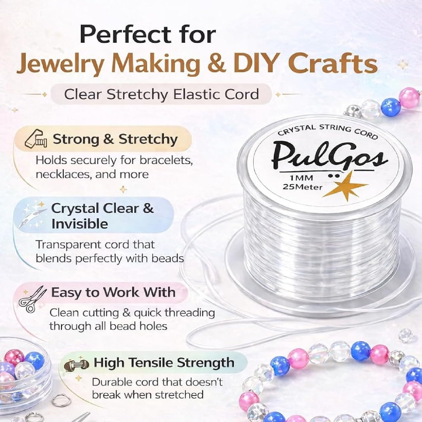 PulGos πππ-1.0mm Clear Stretchy Elastic Cord |Round Beading Thread for Bracelet, Necklaces DIY Handmade Jewelry Making |Strong & Durable Spool for Crafting Flexible String for Beads & Accessories
