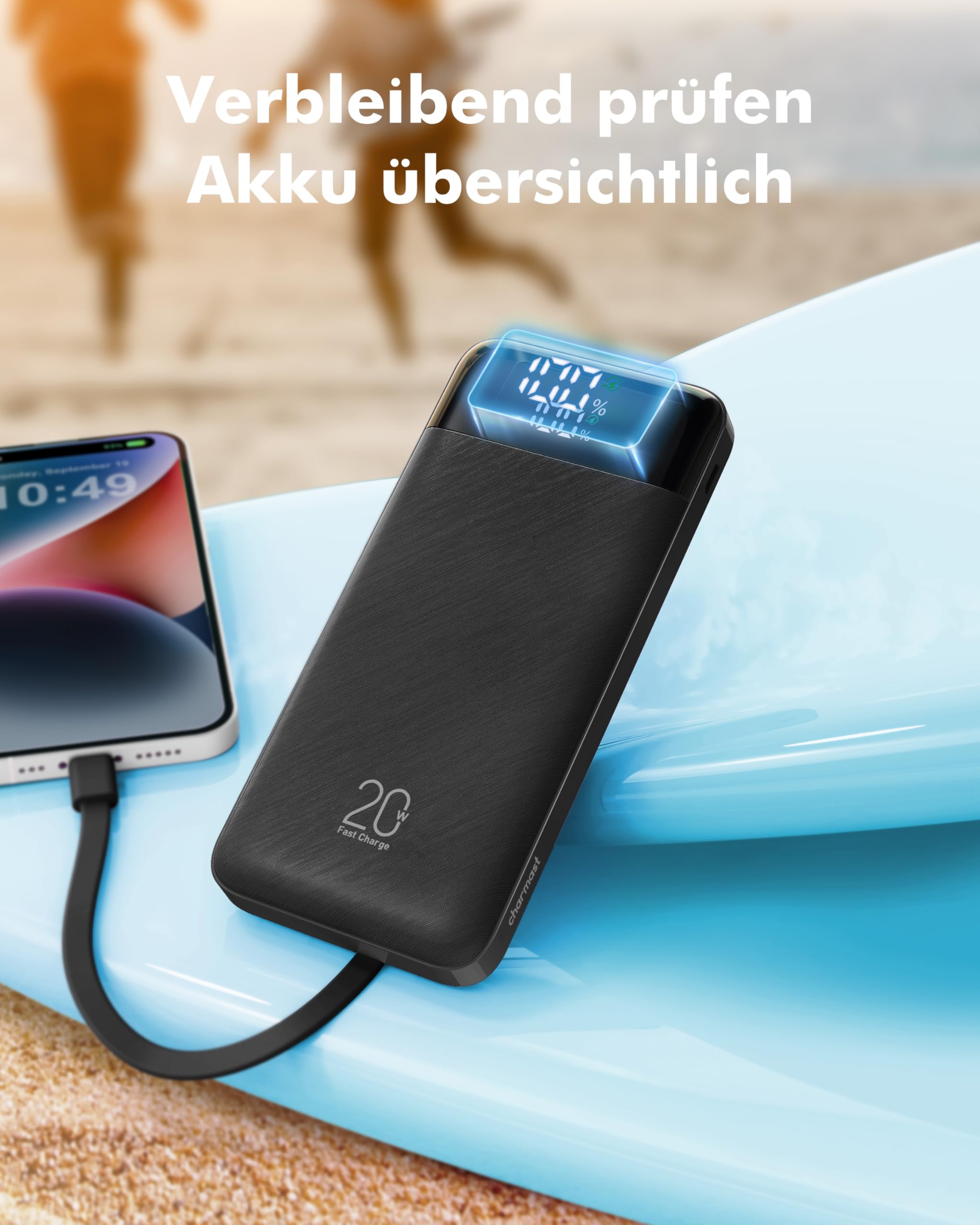Charmast Power Bank, 22,5W Powerbank 20000mAh mit 4 Kabel und LED-Display, USB C PD3.0 QC4.0 Externe Handyakkus mit 6 Ausgängen Kompatibel mit iPhone 17 16 15 14 13 12 Pro Max Plus Samsung S24 Tablet