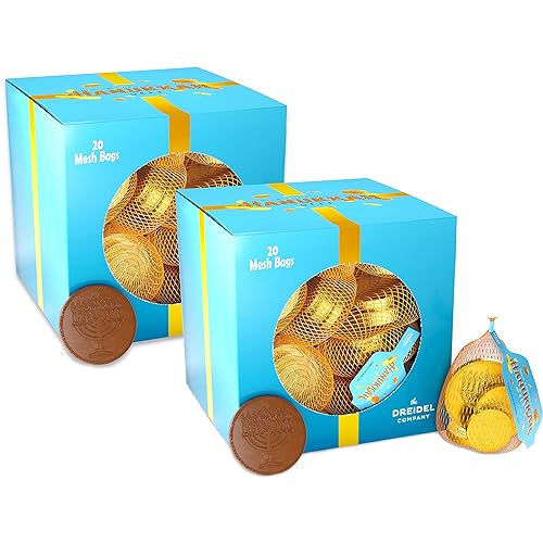 The Dreidel Company Monedas de oro originales de Hanukkah de gelt de chocolate, bolsas de malla, hechas con chocolate con leche belga de primera