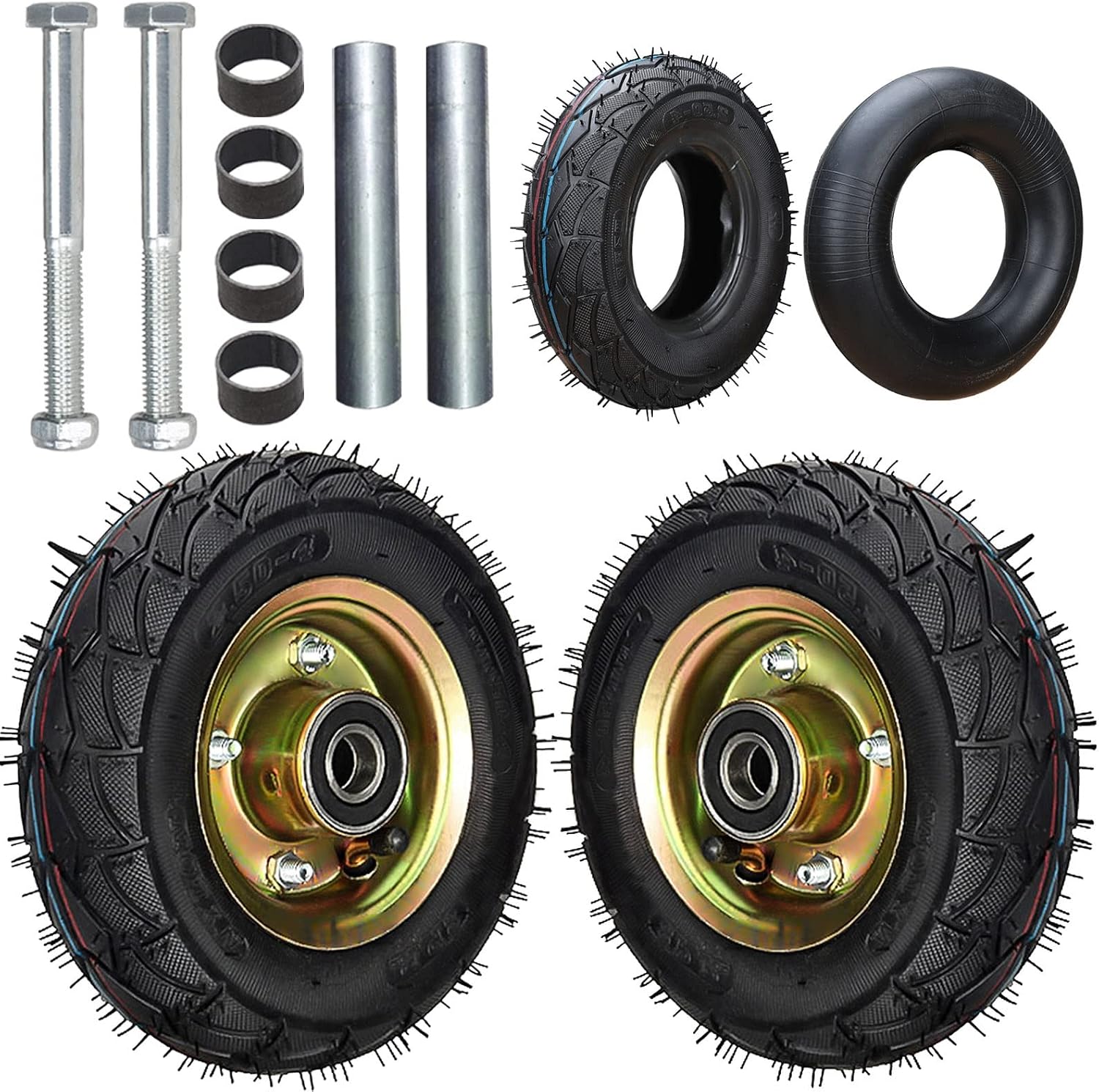 2 Pcs Wheelbarrow Rubber Tires Air Wheel Diameter 8"/10" Tire Kit with Mounting Axle and Spare Tires 350kg Load Capacity 4.10/3.50-4 Ball Bearing Spare Tire Wheelbarrow Trolley Replacement Parts Size 8"