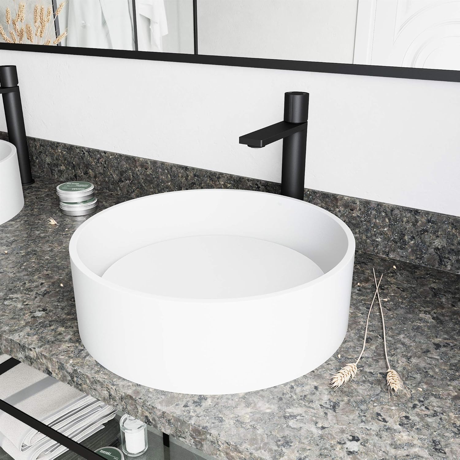 VIGO 16" L -16" W -12" H Anvil Matte Stone Round Vessel Sink Set in White with Faucet and Drain -VGT2010