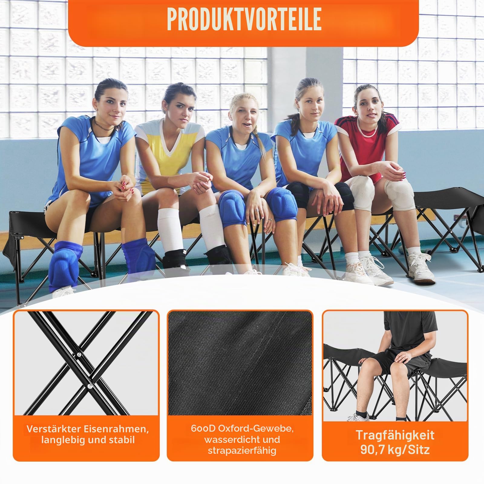 VEVOR Tragbare Klappbank, 6 Sitze, Faltbare Seitenbank, Outdoor-Campingbankstühle mit Tragetasche, Mannschaftssport-Seitenbank für Fußball, Camping, Angeln, kein Zusammenbau nötig