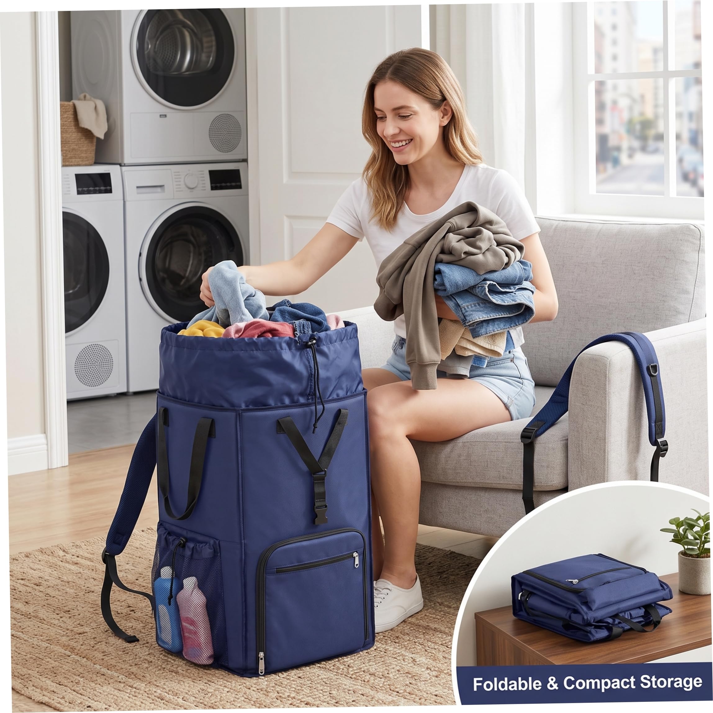 Wäschesack-Rucksack – faltbarer College-Wäschesack, 2-in-1, erweiterbarer, tragbarer Stauraum mit mehreren Taschen für Wohnheim, Reisen, Blau