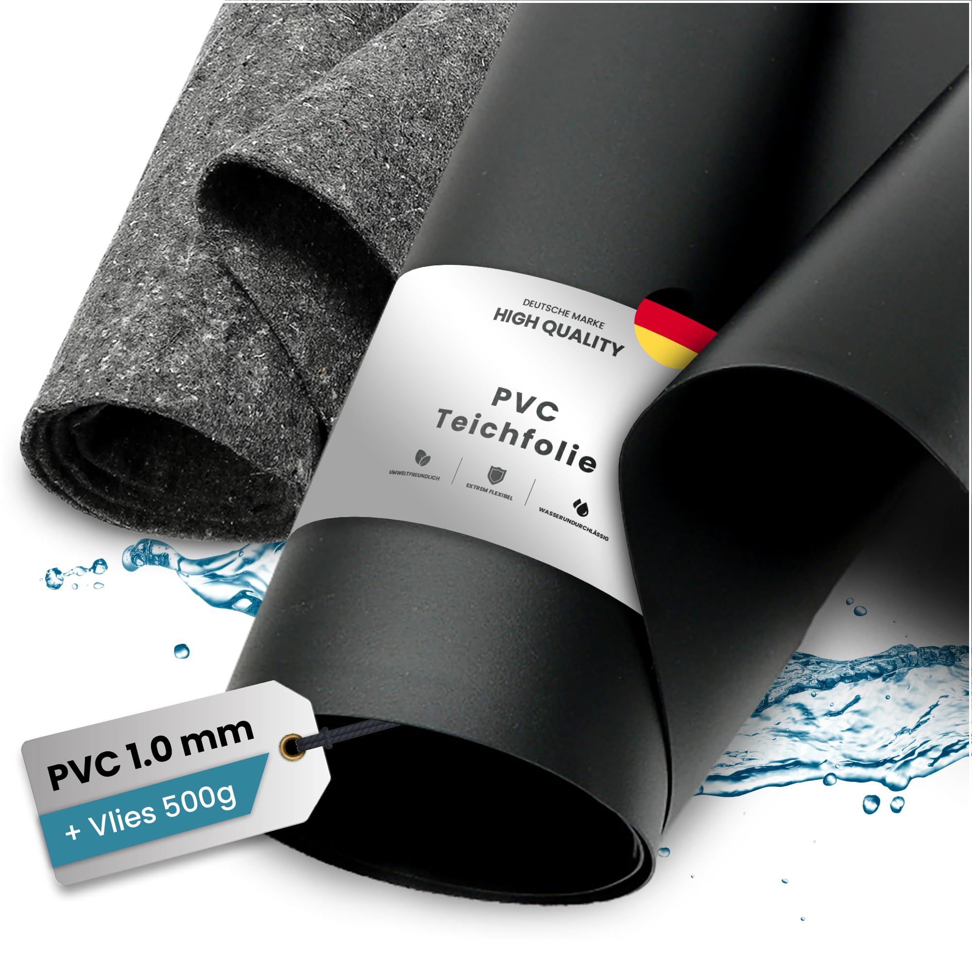 TeichVision - PVC Teichfolie - Stärke 1 mm - 4 m x 3 m und Teichvlies 500g / PVC Folie schwarz mit separatem passendem Vlies in grau