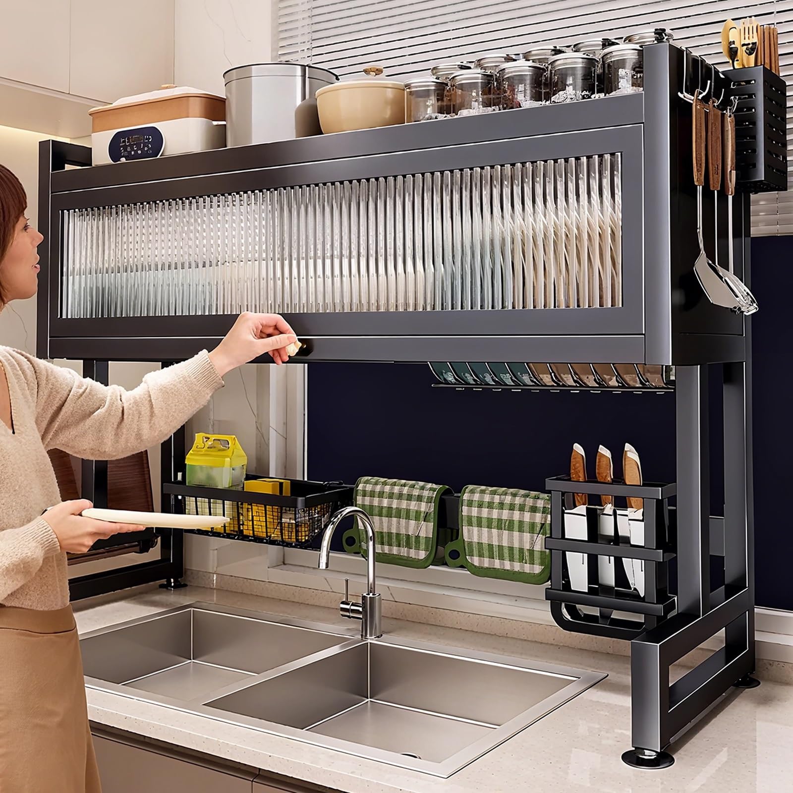 Scolapiatti da cucina in acciaio sopra il lavello, scolapiatti per bancone, include bacchette, coltello, supporto per tagliere, ante in acrilico, organizer