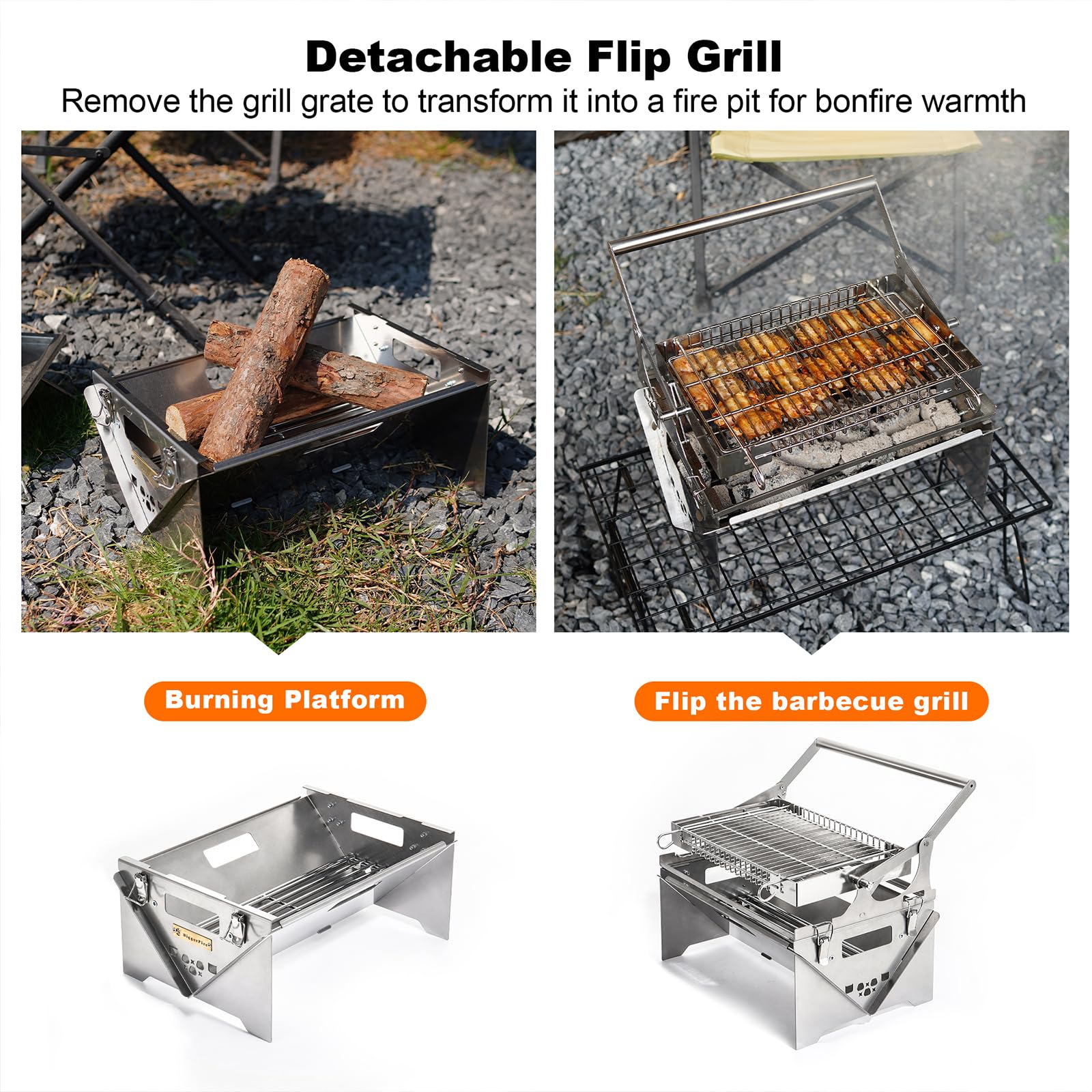 Barbecue à charbon portable avec gril rotatif 360°, gril à barbecue en acier inoxydable, barbecue portable pour camping et pique-nique en plein air, barbecue à charbon détachable portable