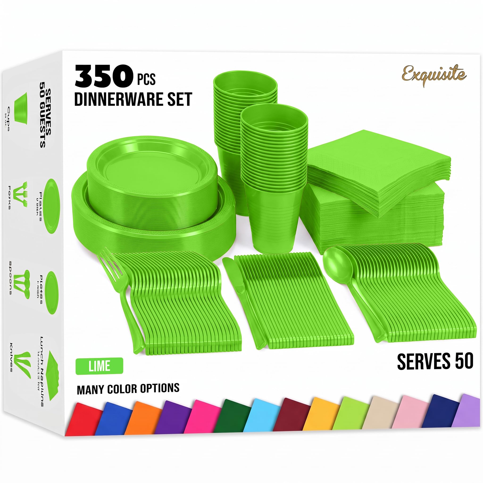 350 Pcs Lime Green Plastic Plates for Party Lime Green Disposable Plates Set 50 of Each 9 Dinner Plate Set 7 Dessert Plate Cups Napkins &amp; Cutlery Plastic Dinnerware Set Exquisite