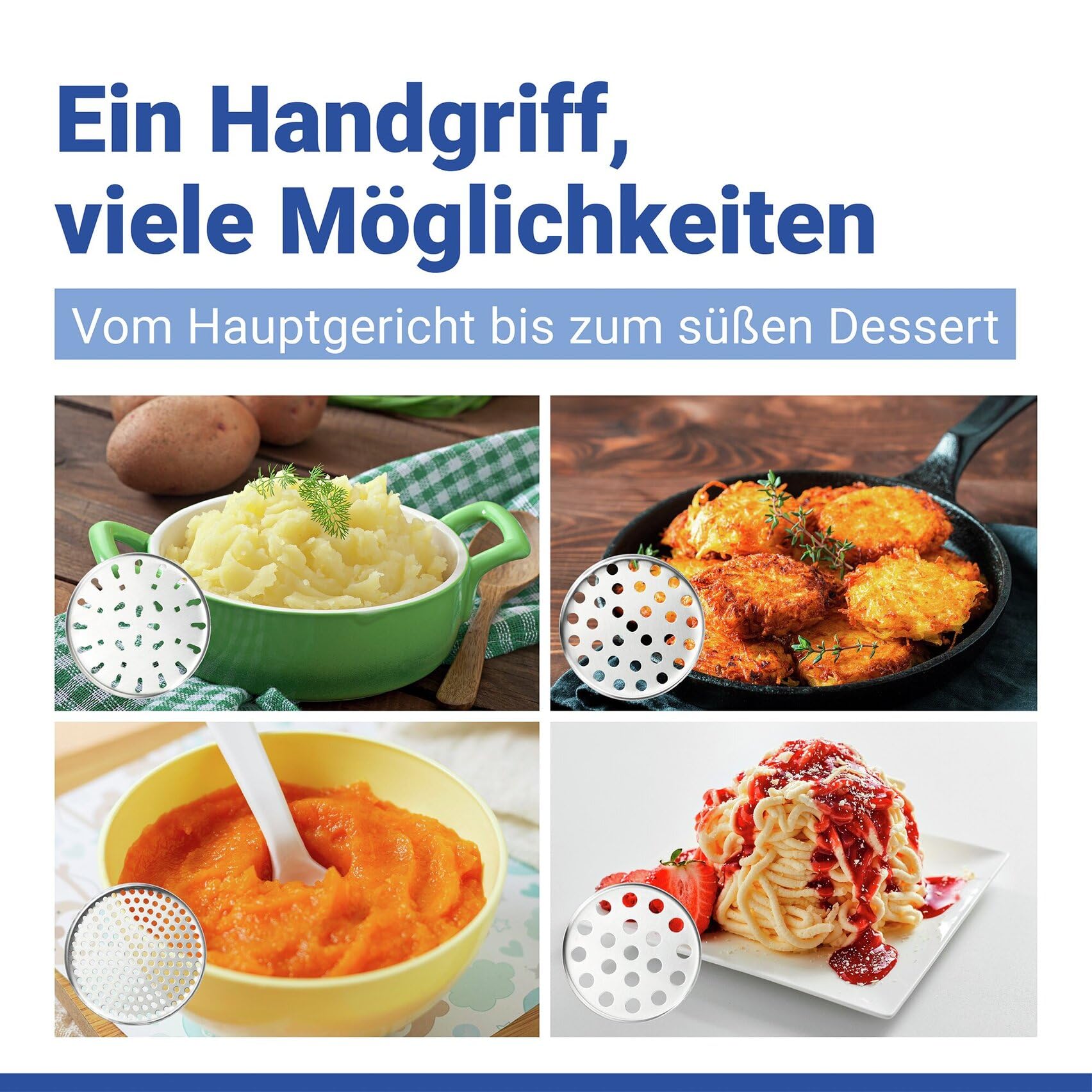 Multi-Presse XL aus Edelstahl, große Kartoffelpresse und Küchenpresse mit 4 Einsätzen, 330 ml Volumen, rutschfeste Silikon-Griffe, spülmaschinengeeignet