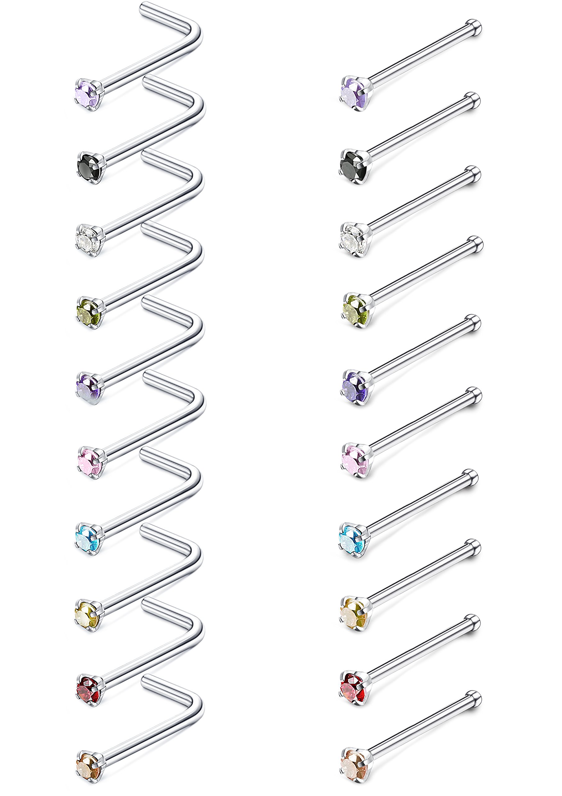 JOERICA 20 Pcs Surgical Steel Nose Rings Studs 20G L Shaped Pin CZ Bar Piercing Jewelry
