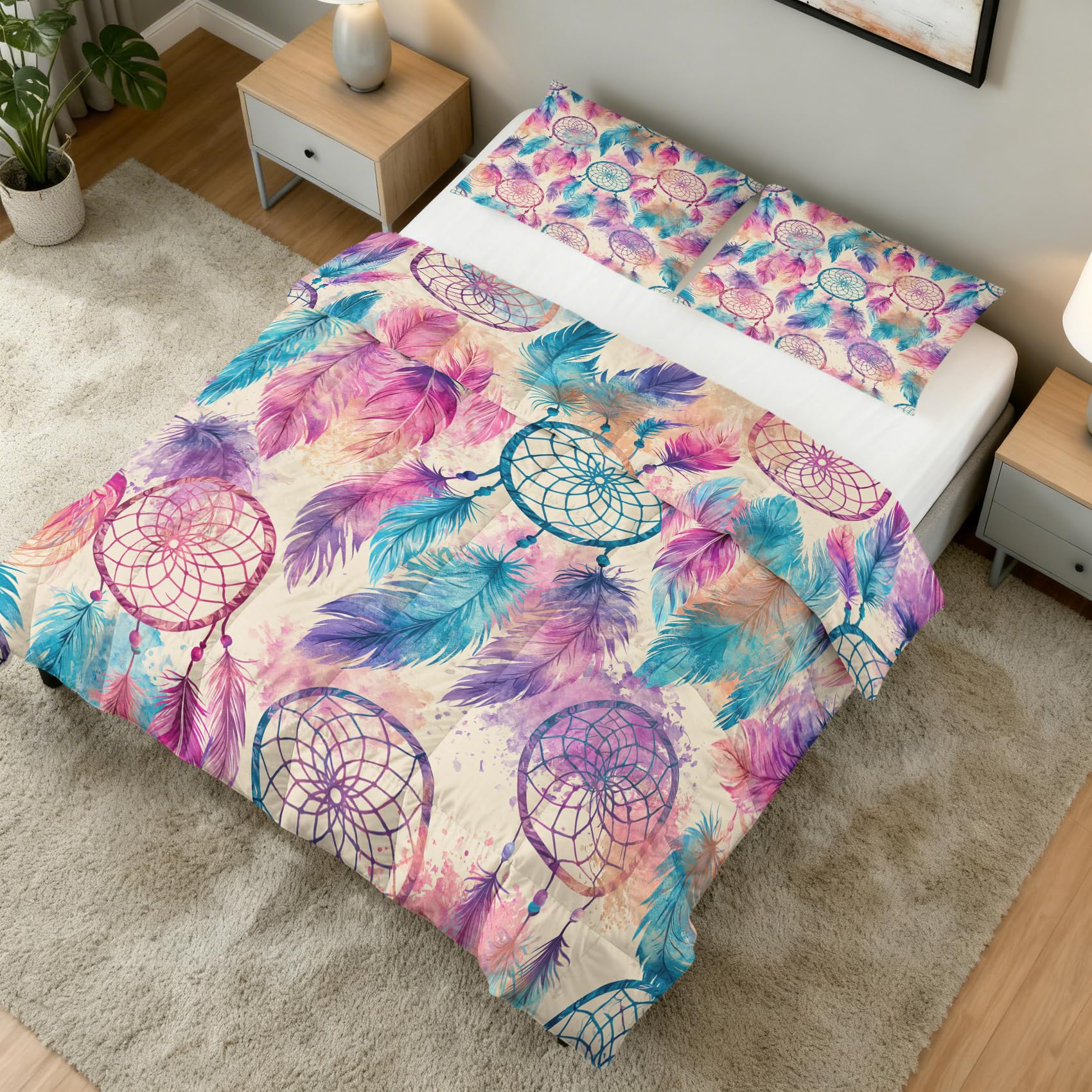Generisch Traumfänger Bettdecke 135x200 4 Jahreszeiten, Ohne Bezug | Bohemian Dreamcatcher Motiv Wende Steppdecke, Schlafzimmer Deko, 1 Kissenbezug 80x80, Geschenke, Superweich