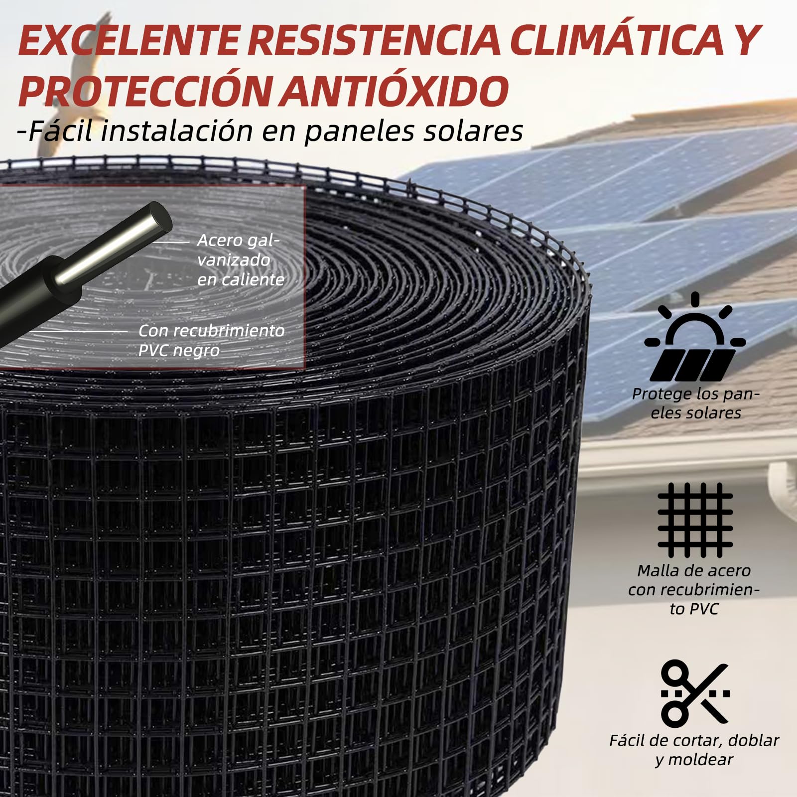 Red de protección contra pájaros para paneles solares, 30 m x 20 cm, revestimiento de PVC, inoxidable, incluye 100 bridas