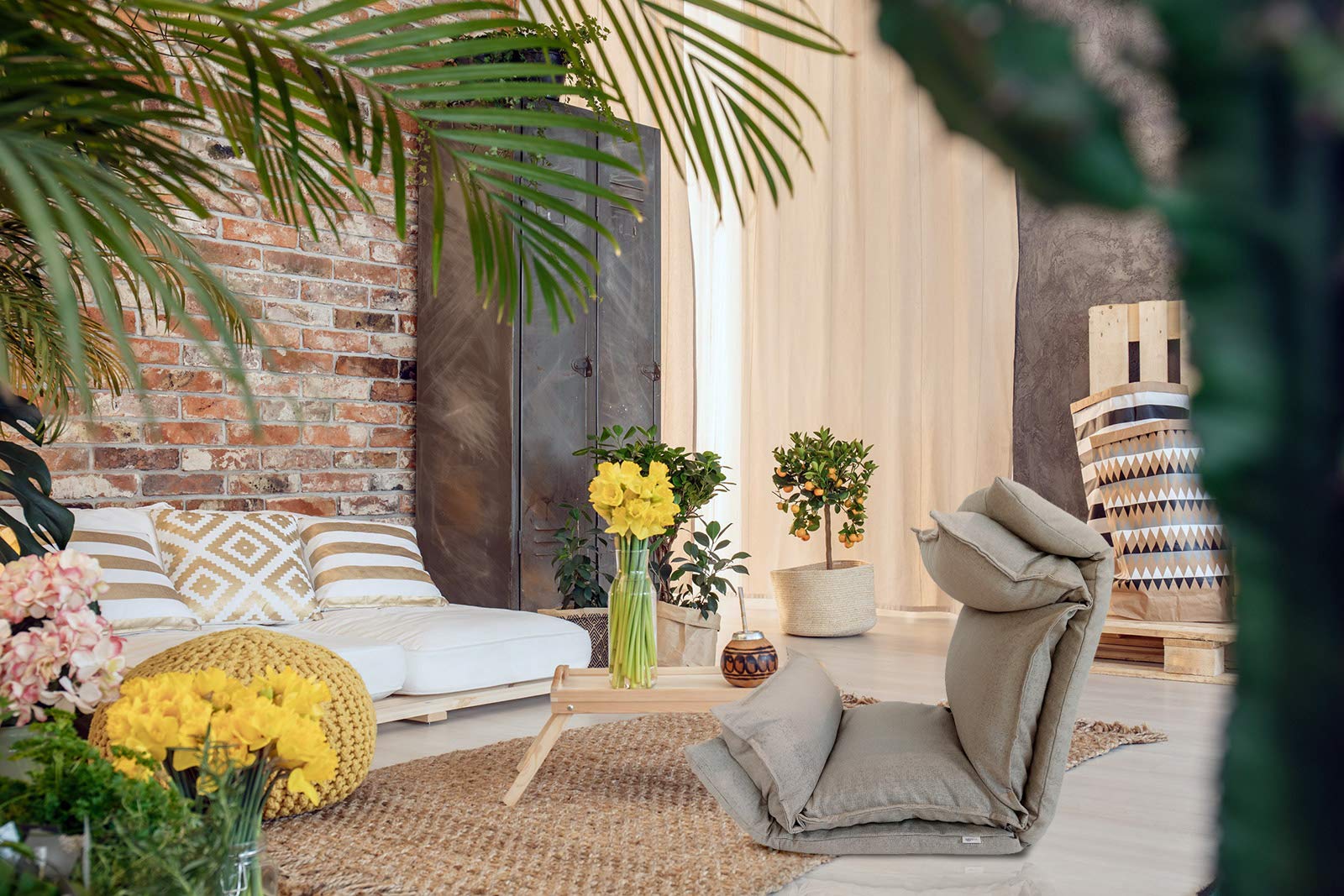 Rebecca Mobili Chaise de Sol Beige, Métal Polyester, Relaxante Inclinable, Salon Terrasse Balcon – Dimensions: 70 x 56 x 70 cm (HxLxL) - Art. RE6196