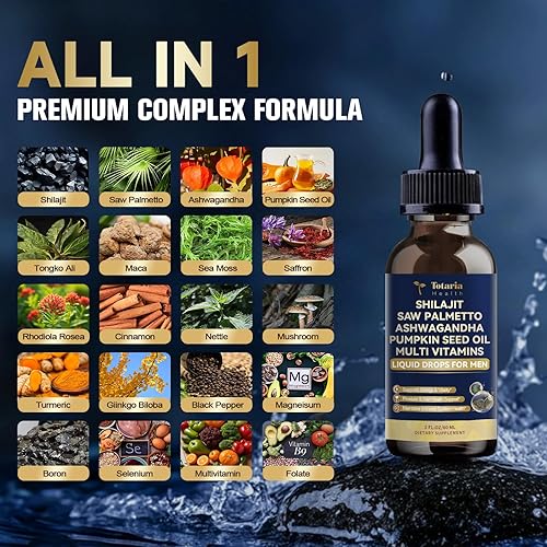 Miniatura 2 de Shilajit - Gotas líquidas con palma enana americana, ashwagandha, aceite de semilla de calabaza, musgo de mar, multivitamínico, Shilajit para