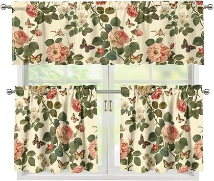 Rose Kitchen Curtains Butterfly Kitchen Curtains Sets for Windows with Valance and Tier Sets Stain Resistant Farmhouse Window Curtains for Living Room Bedroom Set of 3 Curtains for Cafe