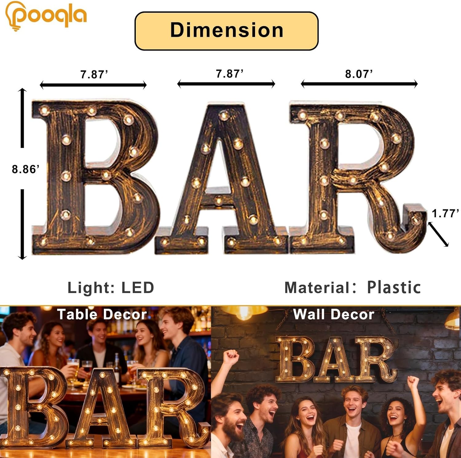 BAR - Illuminated Marquee Bar Sign for home decor - Light up LED Marquee Word Sign - Pre-Lit Pub Light Battery Operated (23.03-in x 8.66-in) (Vintage)