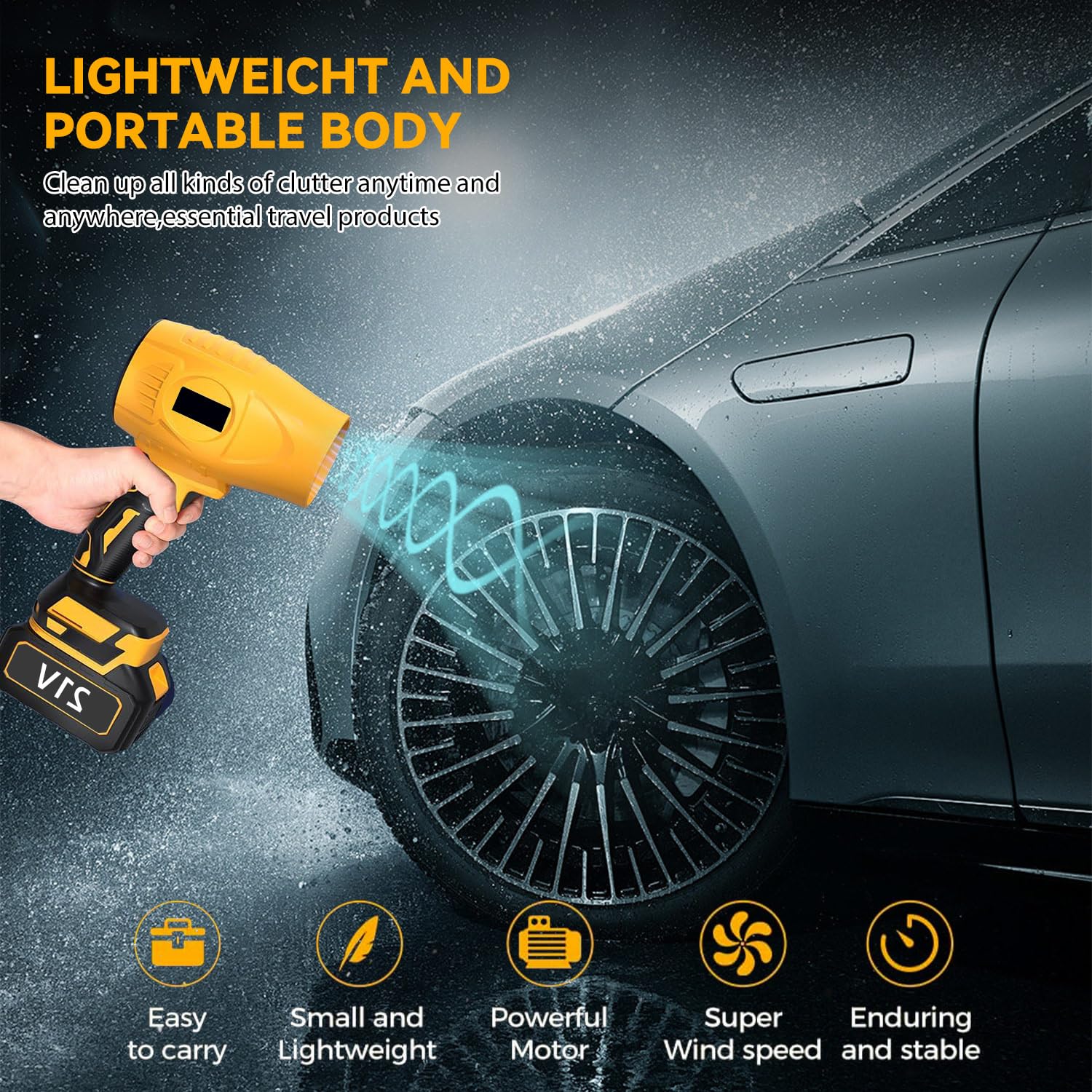 Soplador eléctrico turbo de 3000 W, con 2 baterías, motor sin escobillas, 30.000 rpm, soplador de polvo eléctrico, soplador de aire para hojas, nieve y polvo, ajustable sin niveles (amarillo)
