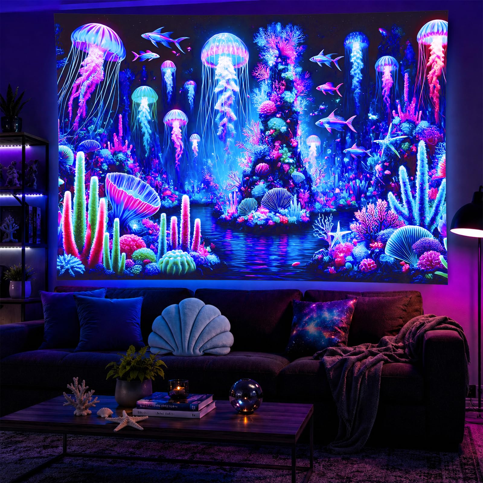 BlissYard Blacklight Tapestry Jellyfish Ocean Decor 78x59 Inch