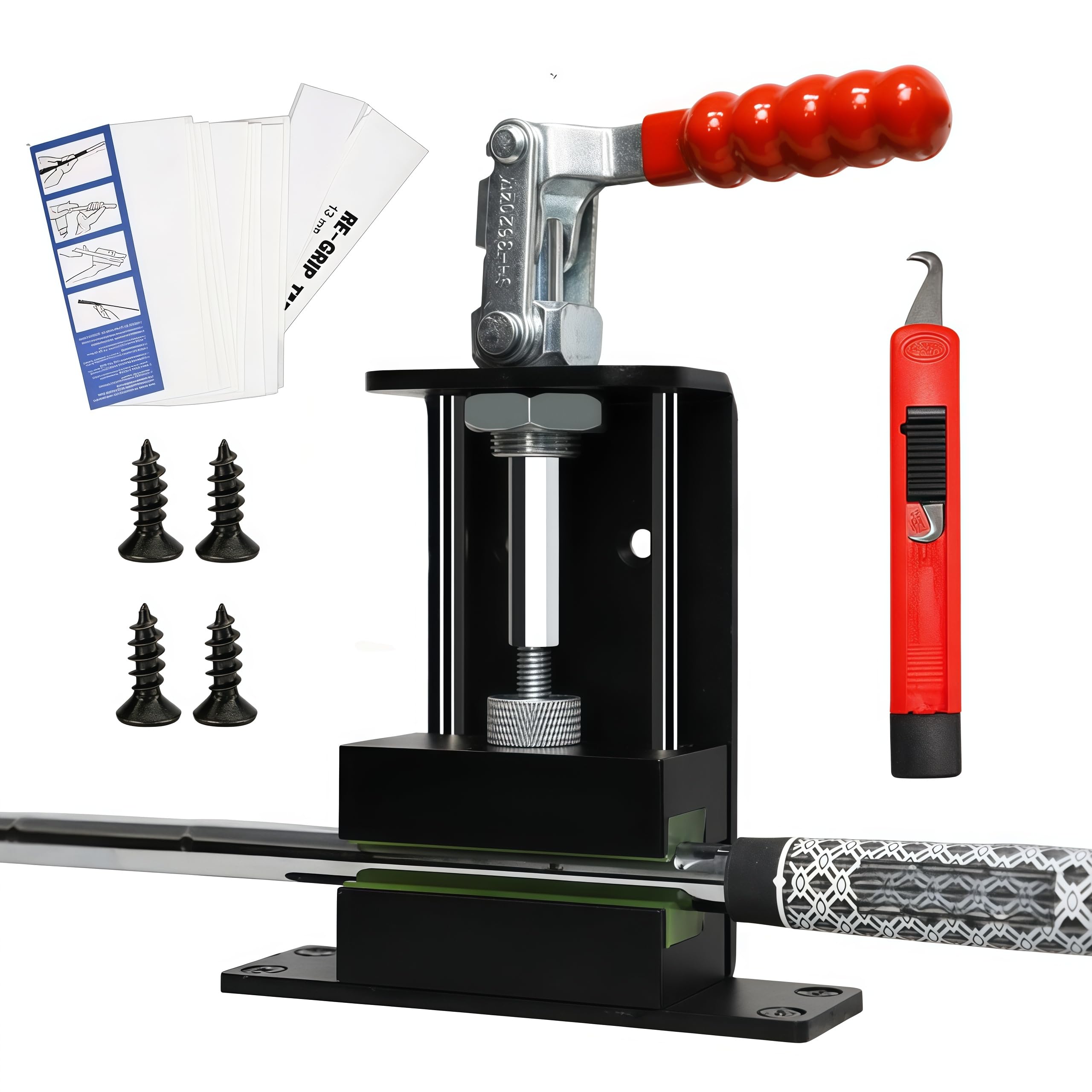 Ysislybin Golf Club Vice for Regripping, Aluminum and Iron Golf Club Regripping Kit with Four Screws Scraper and Double-Sided Adhesive Tape Golf's Club Shaft Fixation with Rubber Sleeve