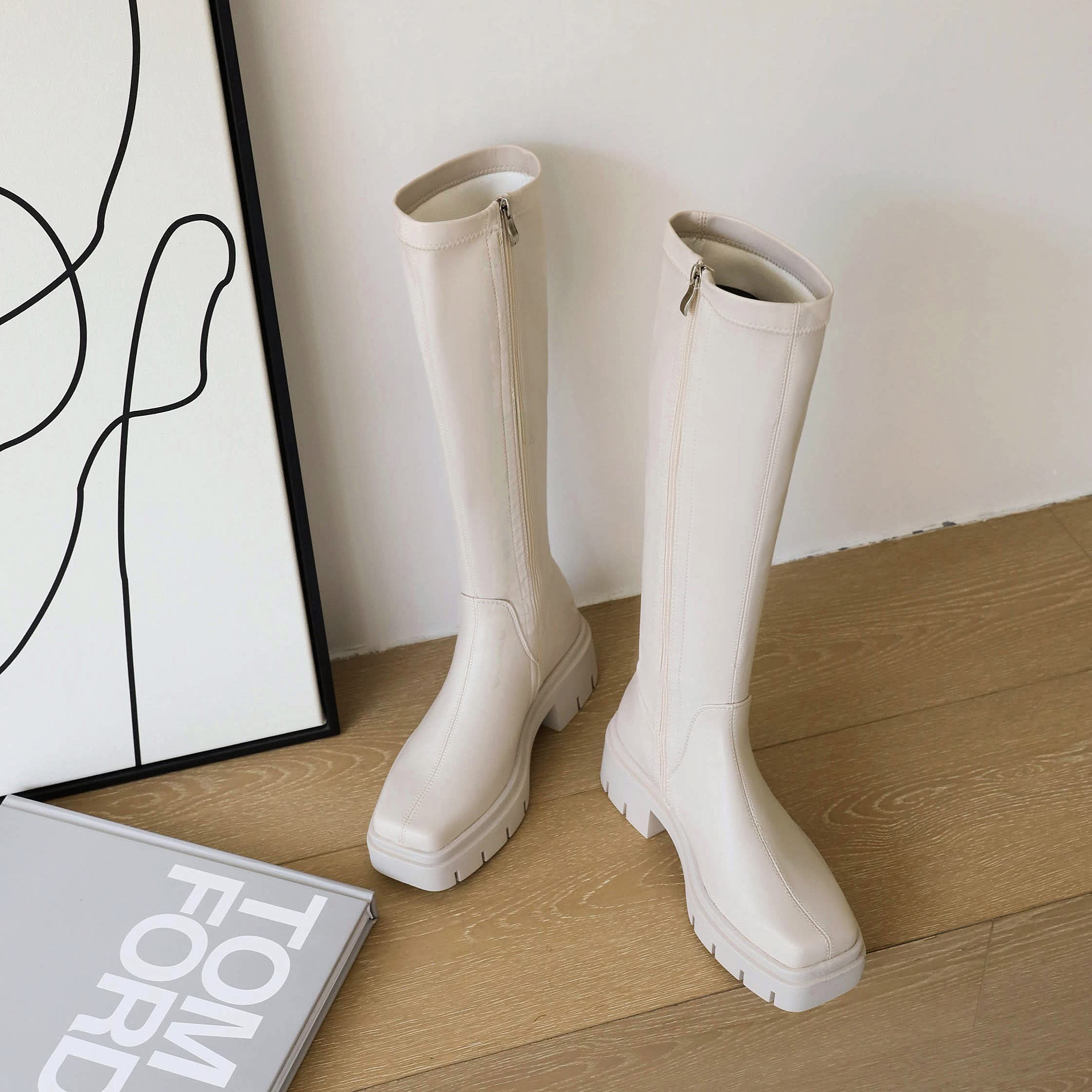 vivianly Women's Fashion Knee High Boots Chunky Block Heel Square Toe Zipper Long Boot