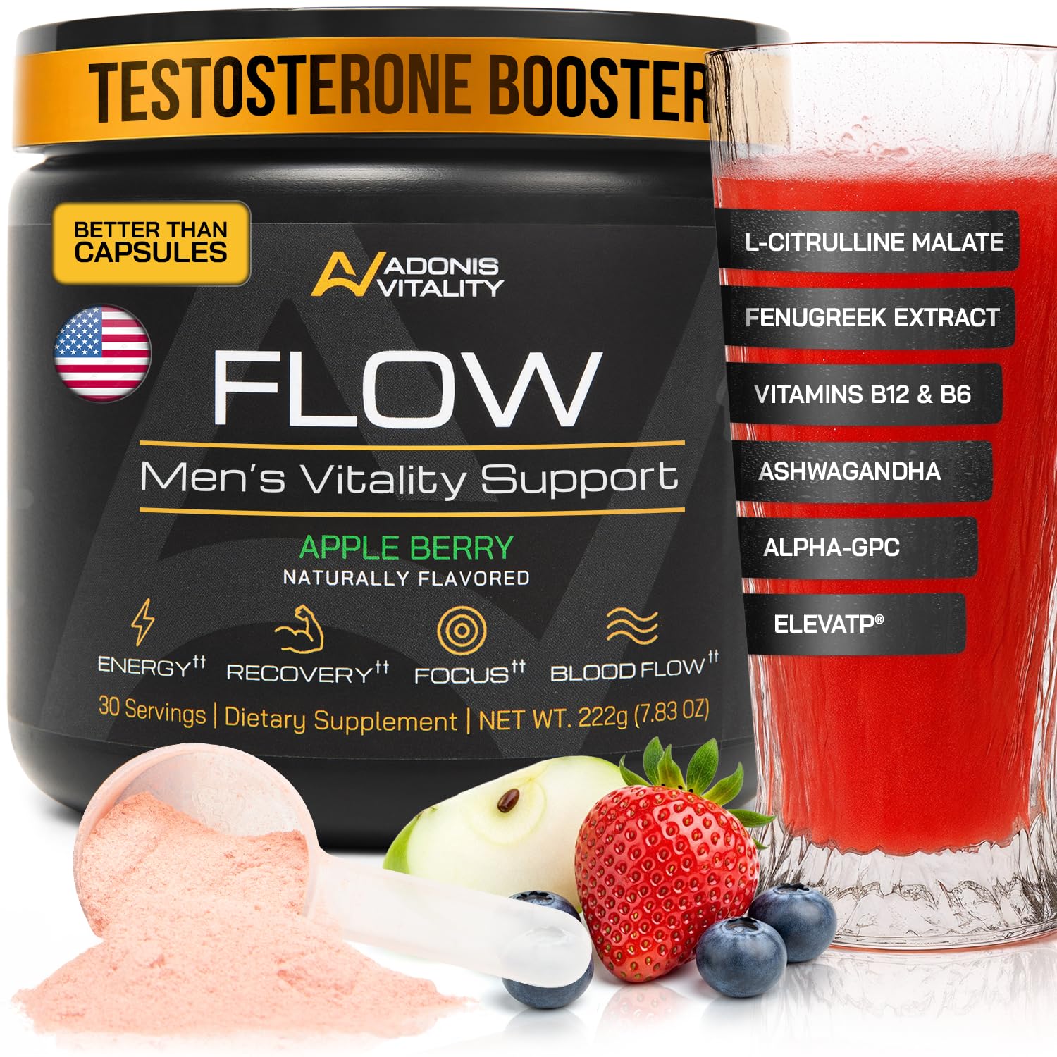 Adonis Vitality Suplemento em Pó para Energia e Desempenho FLOW com L-Citrulina 5.000 mg e Ashwagandha, 30 porções