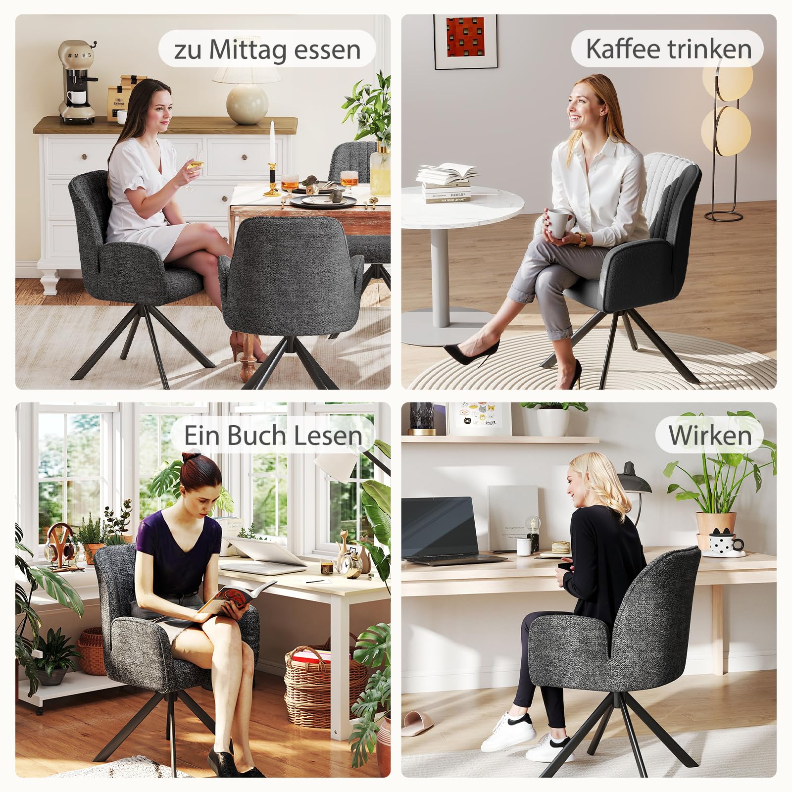 2er Set Esszimmerstühle Drehbar mit Armlehne, 360°Drehbar Polsterstuhl Küchenstuhl aus Chenille, Stühle Esszimmer Schminkstuhl Drehstuhl mit Metallbeine für Esszimmer Schlafzimmer, Dunkelgrau