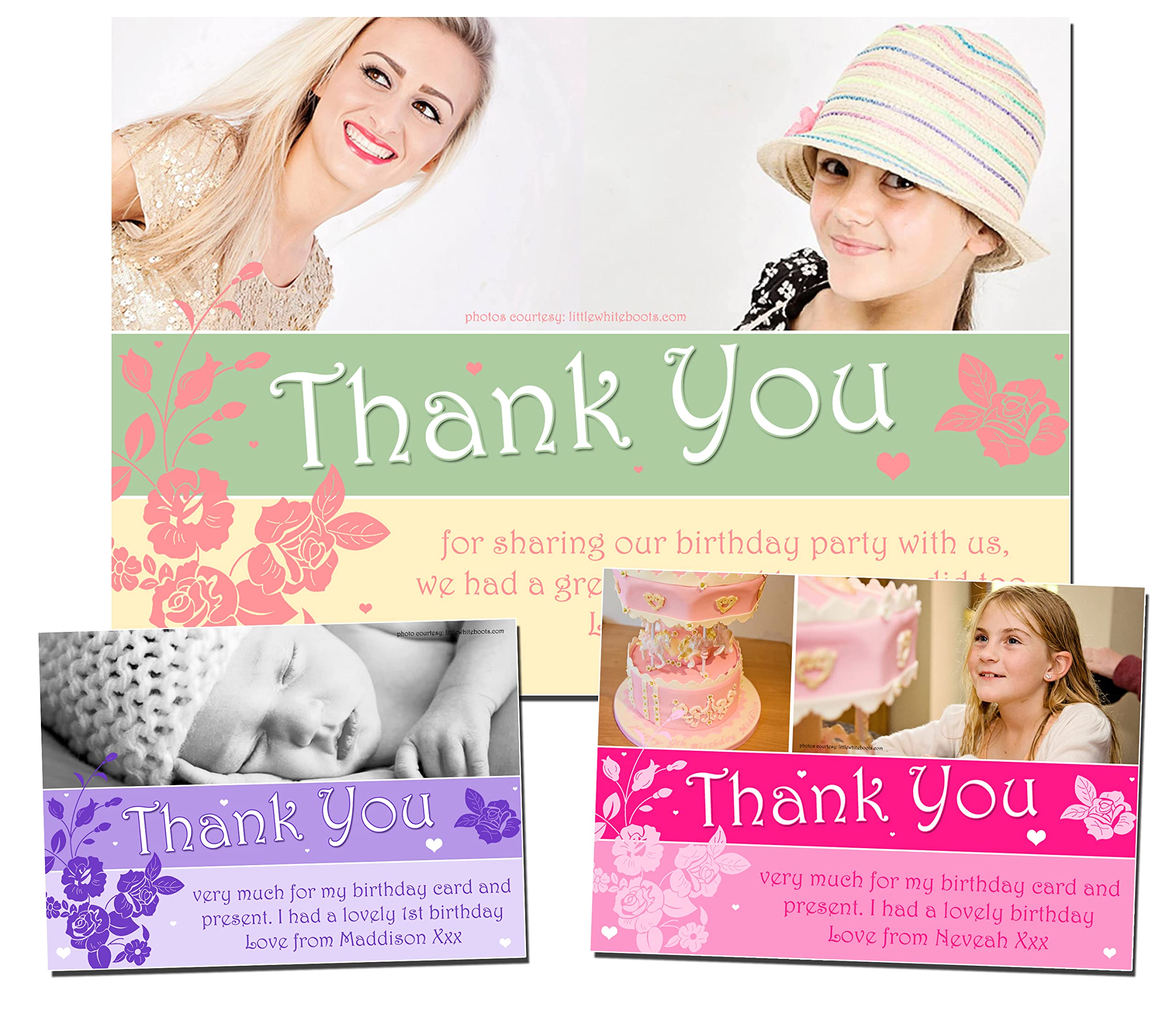 10 Birthday Thank You Photo Cards Notes Message Personalised Bespoke Custom Made Boy Girl Joint Party Twins Unisex Floral Flowers Girlie Green Coral Purple Lilac Pink