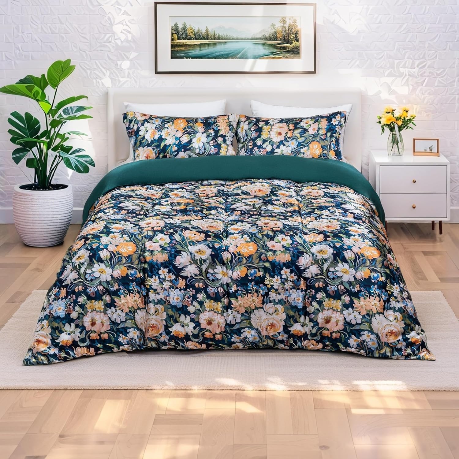 Generisch Gelbweiße Pfingstrosen Bettwäsche 155x220cm, Dunkelblau Bettbezug, 3-Teiliges Bettwäsche-Sets aus Atmungsaktiver und Weicher Mikrofaser, 2 Kissenbezüge mit Reißverschluss AH88