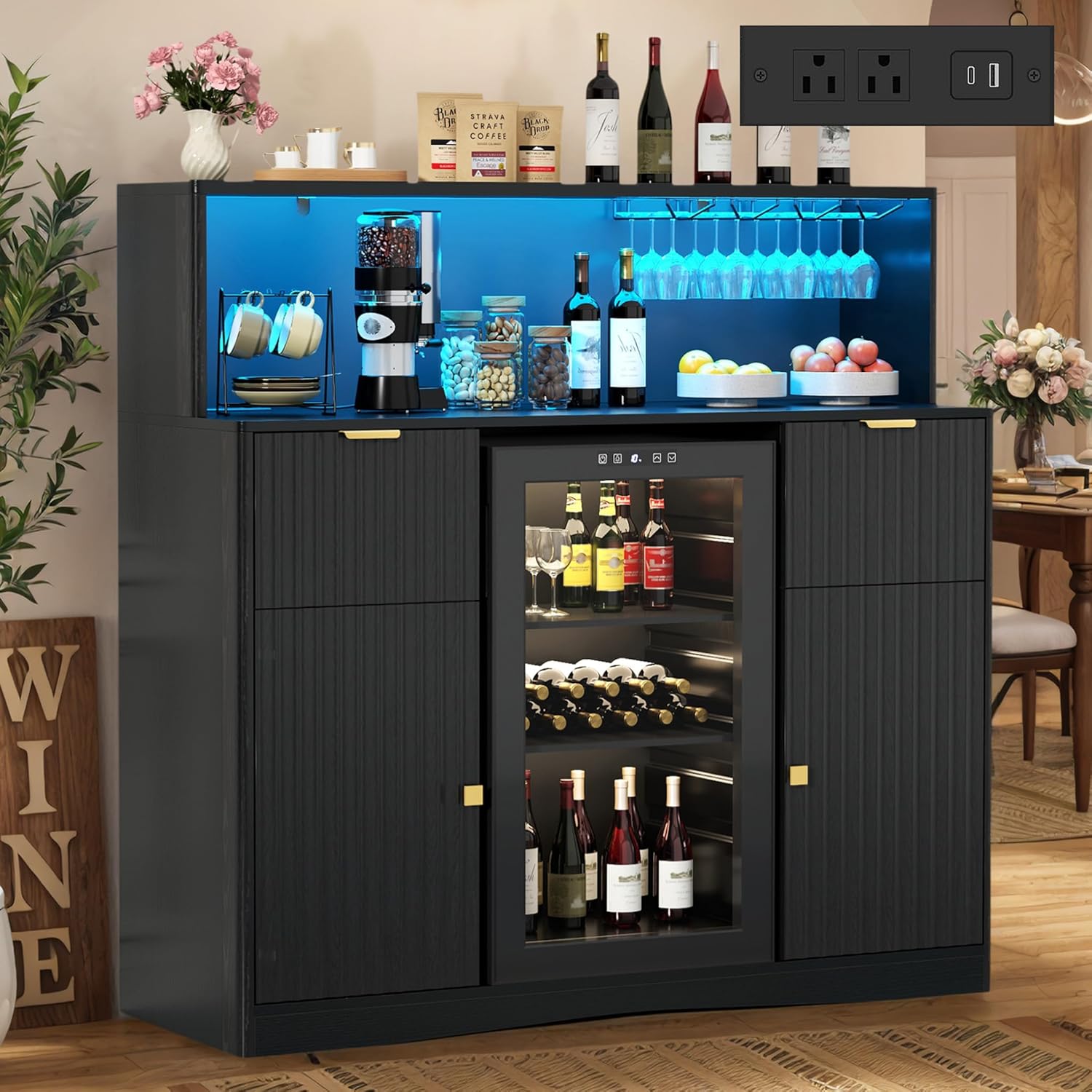 Wine Bar Cabinet with Fridge Space, Black Coffee Bar Cabinet with Power Outlet & Led Light, Fluted Mini Fridge Cabinet with Storage Drawers & Doors, Modern Whiskey Cabinet for Dining Room