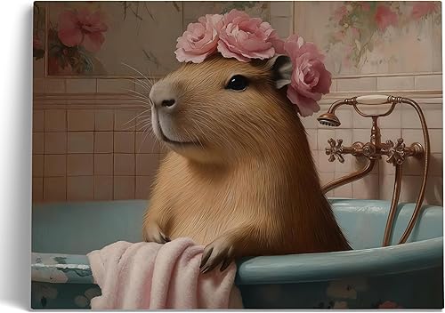 Arte de pared enmarcado para baño, divertida decoración de nutria vintage para baño, nutria en bañera, pintura europea, rosas rosas, decoración de