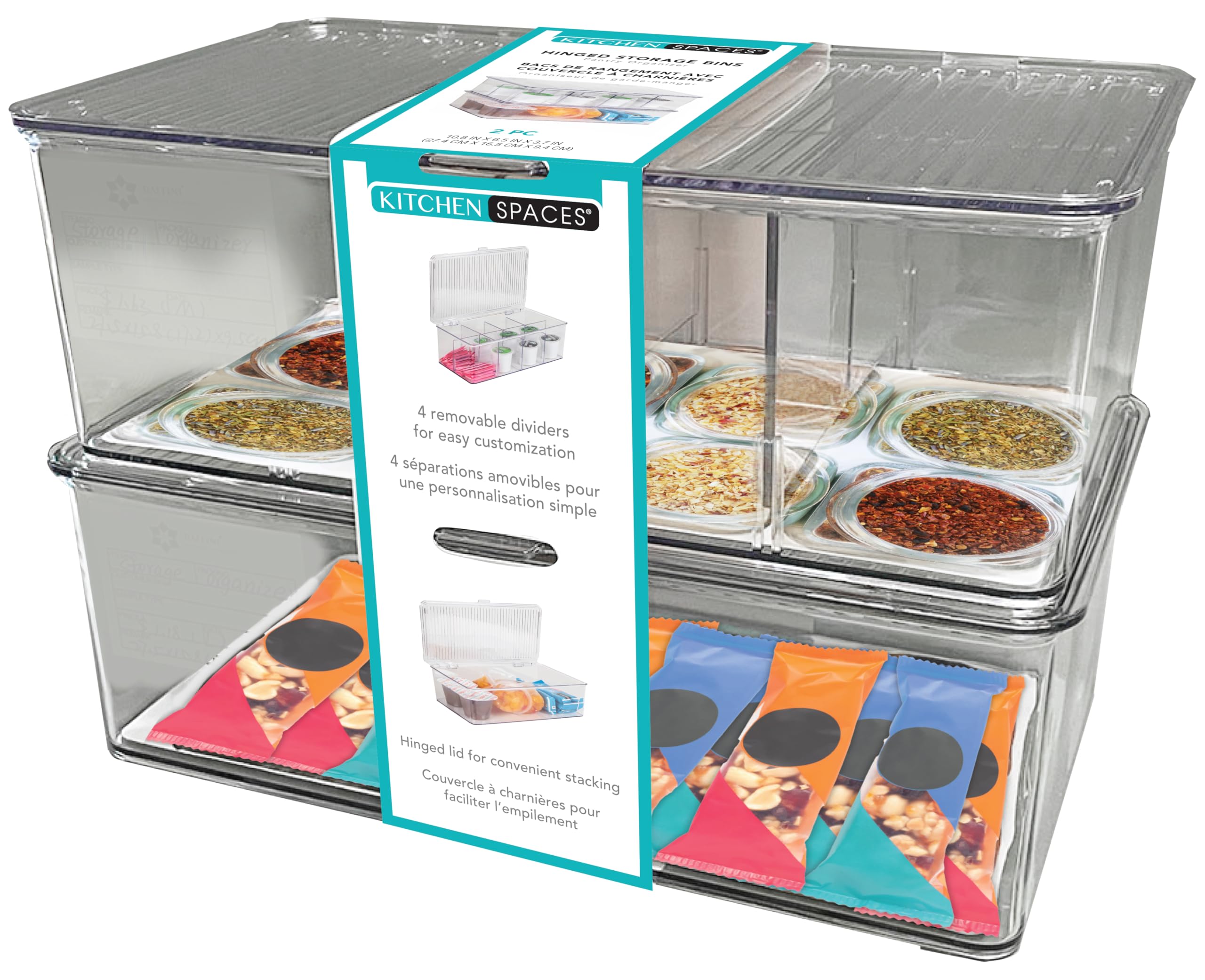 Contenedor de almacenamiento con bisagras, despensa y organizador de refrigerador con divisores, almacenamiento adicional, 1 paquete de 2, tamaño pequeño