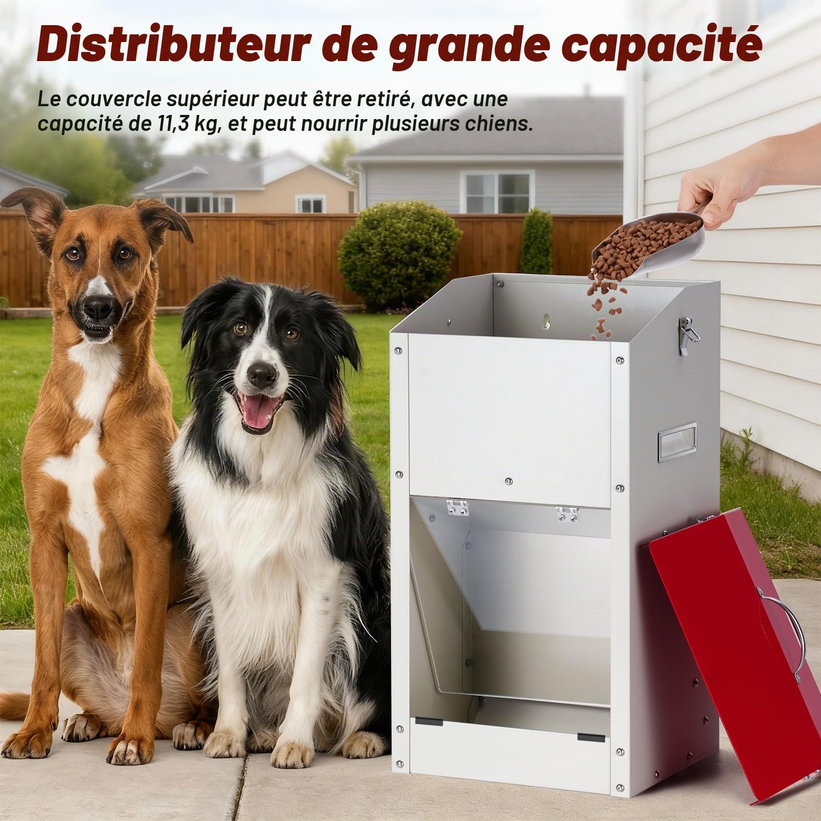 Distributeur Croquettes Chien Automatique, Mangeoire Gravity pour Grand Chien Capacité 11 Kg, Couvercle Protecteur, Idéale Intérieur et Extérieur