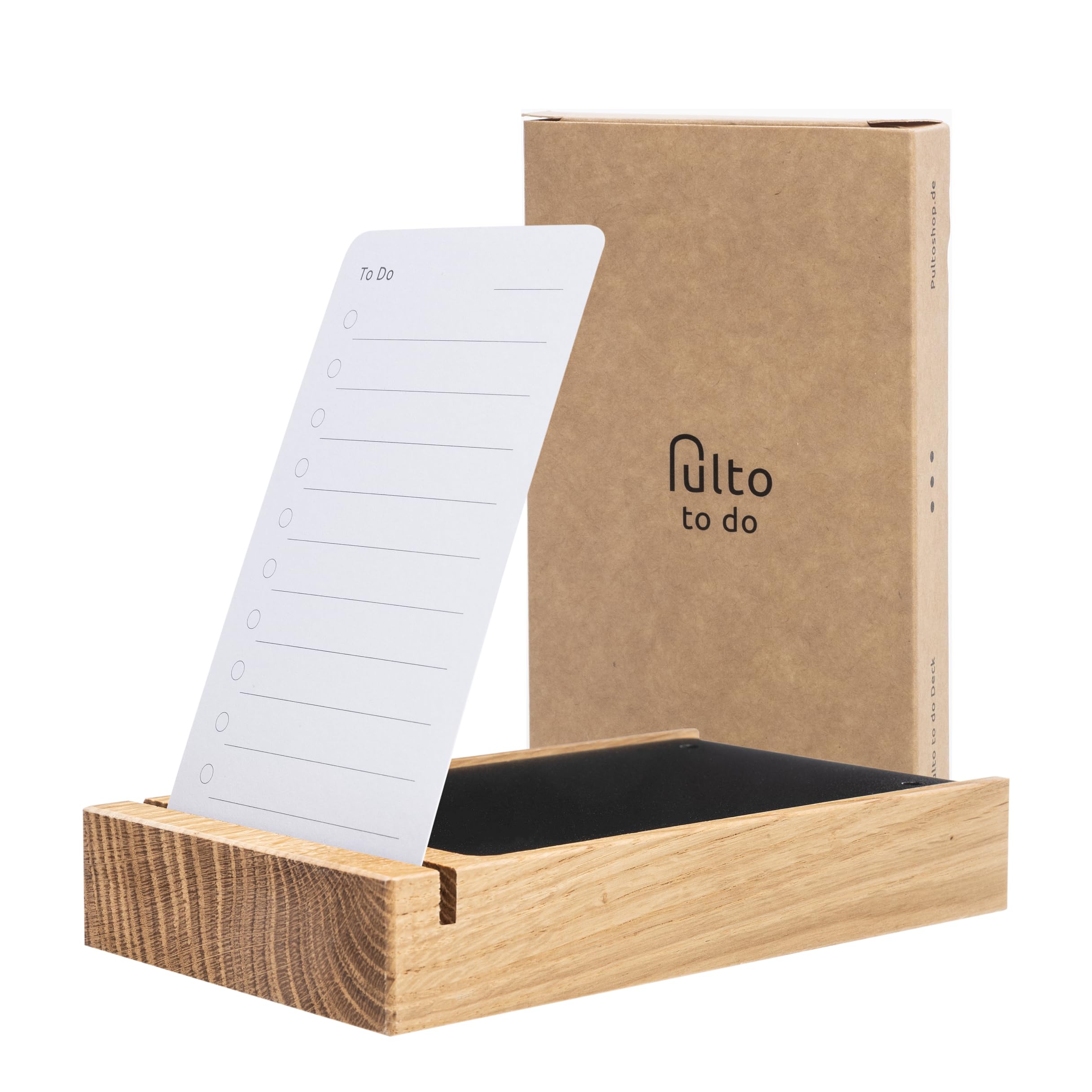 To Do Set: 50 Karten (7,5x12,5cm) inkl. Kartenhalter Holz | To Do Listen Set | Eichenholz mit magnetischer Metalldeckplatte | Produktivitätsplaner für Büro, Home Office & Alltag